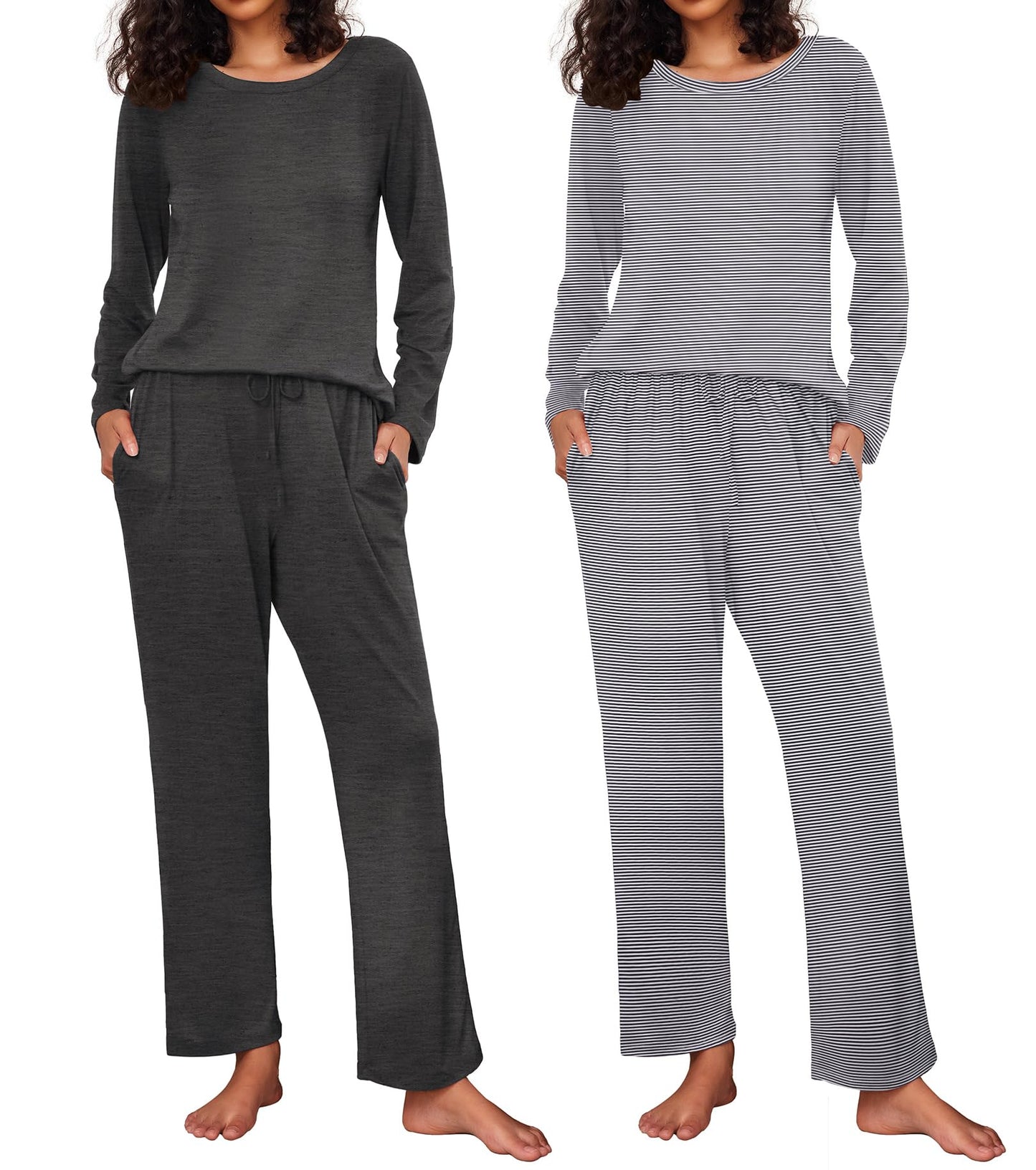 Ekouaer 2 Pack Women's Pajama Set Soft Long Sleeve Sleepwear Loungewear Pjs Sets with Pockets