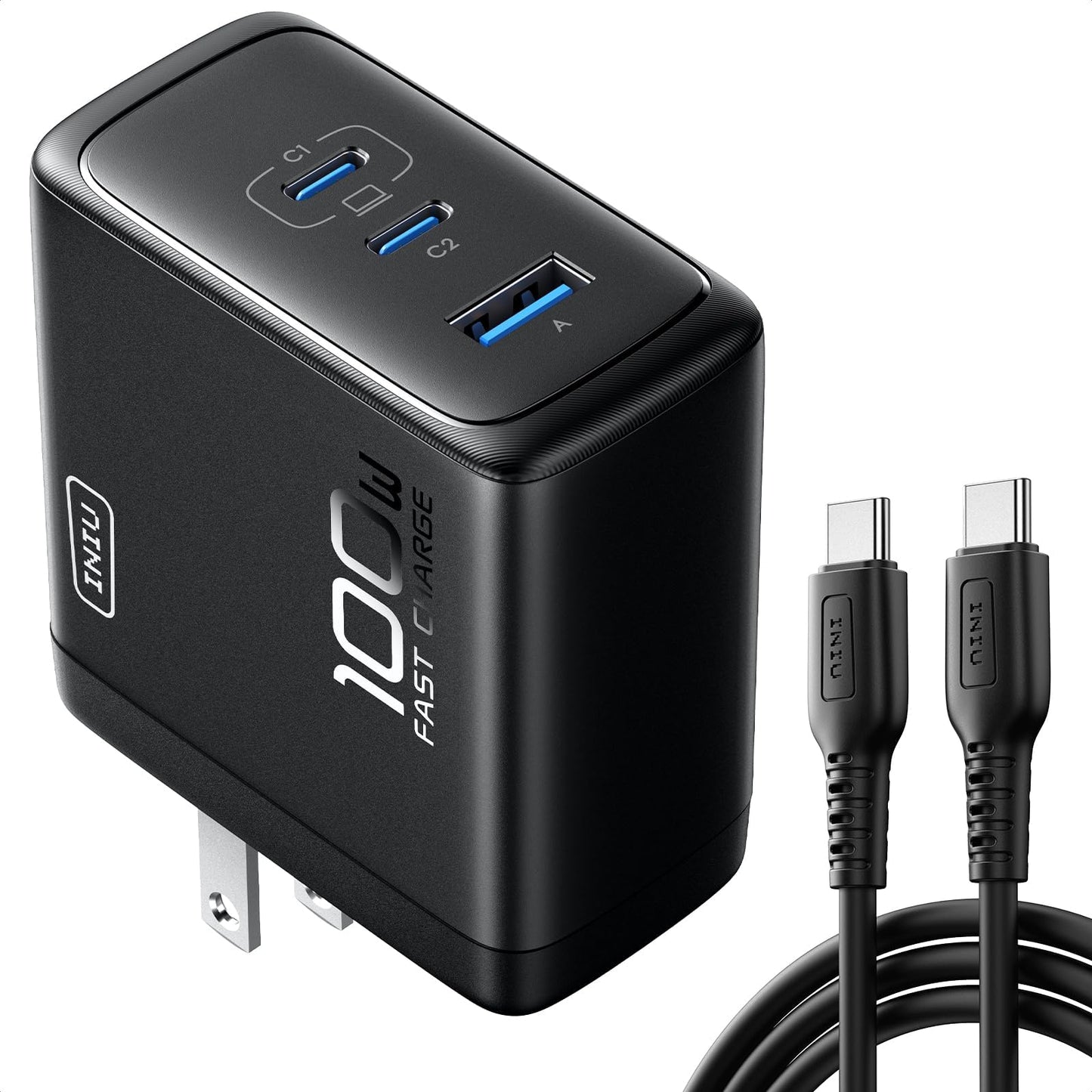 INIU Chargeur USB C 100 W, chargeur GaN rapide à 3 ports, compact et pliable, bloc de chargeur mural PPS pour MacBook Pro/Air, iPad Pro, iPhone 16/15, Samsung Galaxy S23/Note 20/10+, Dell XPS 13,