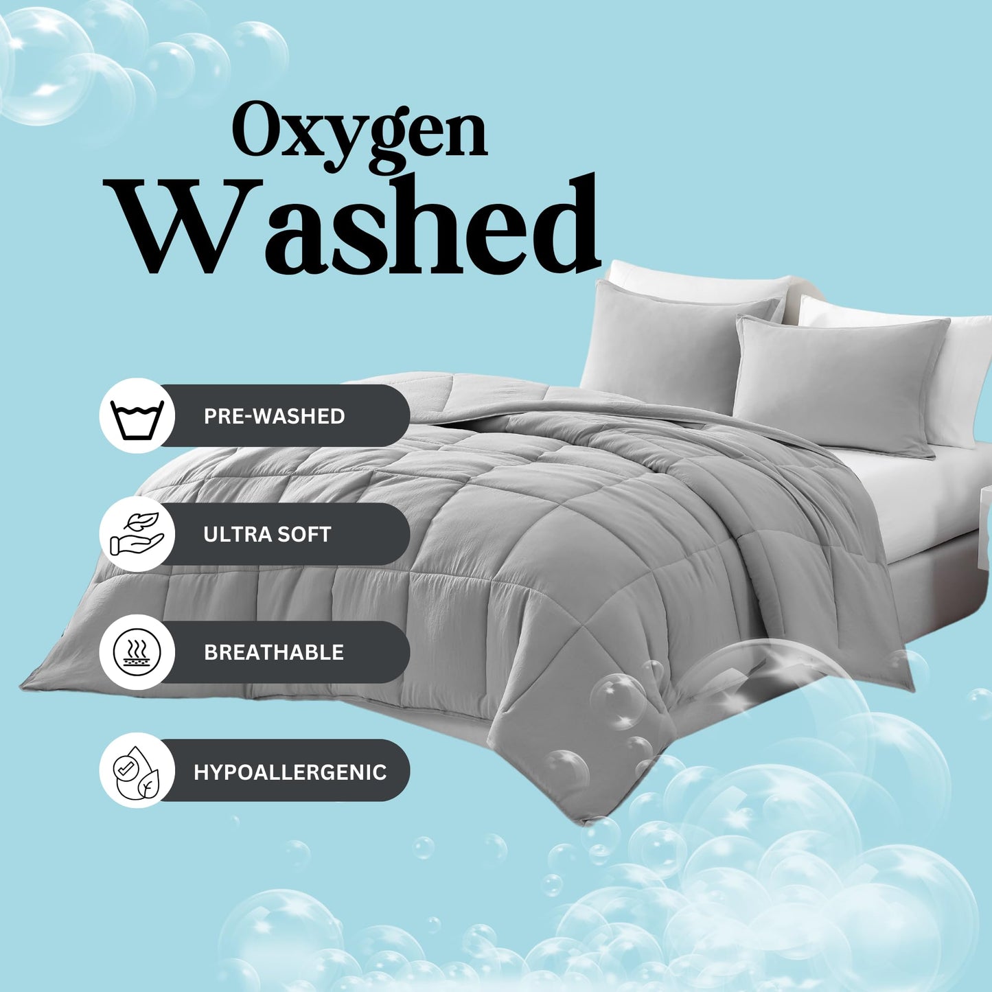 Comforter Set Queen Size - Goose Down Alternative – Washed Ultra-Soft - Premium All Season Warmth Bedding Set (Queen, French Blue)