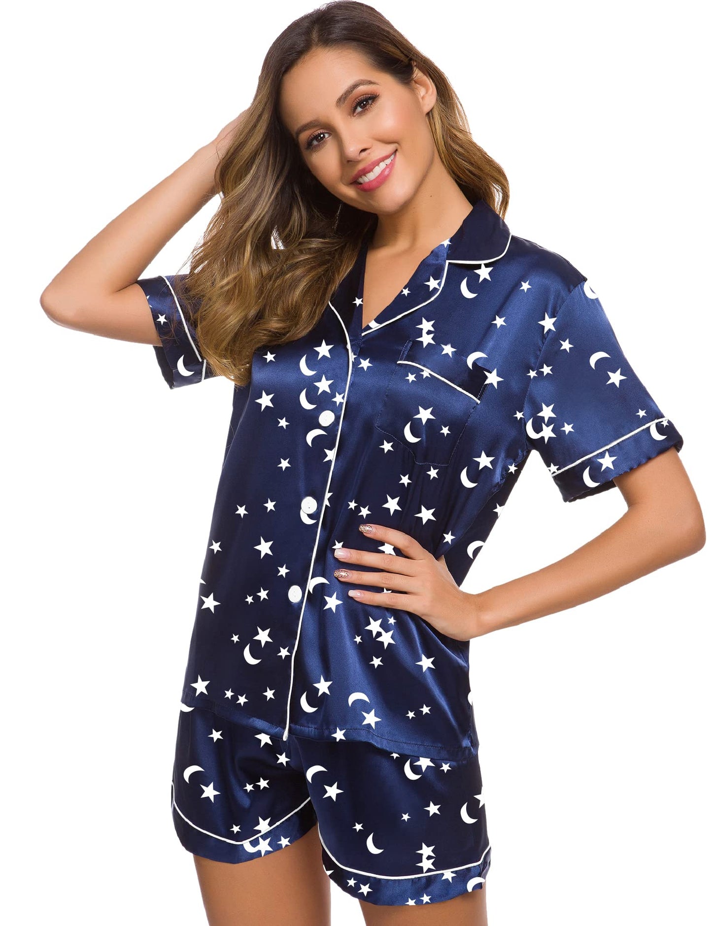 SWOMOG Womens Silk Satin Pajamas Set Short Sleeve Button Down Sleepwear Loungewear 2 Pcs Pj Sets