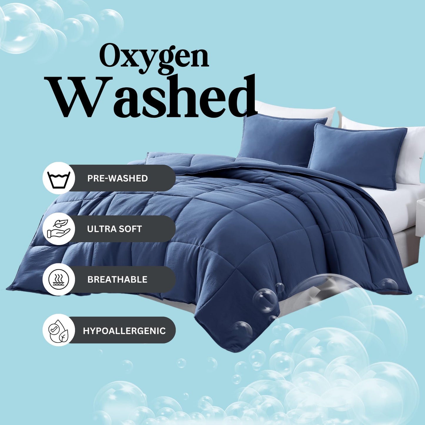 Comforter Set Queen Size - Goose Down Alternative – Washed Ultra-Soft - Premium All Season Warmth Bedding Set (Queen, French Blue)