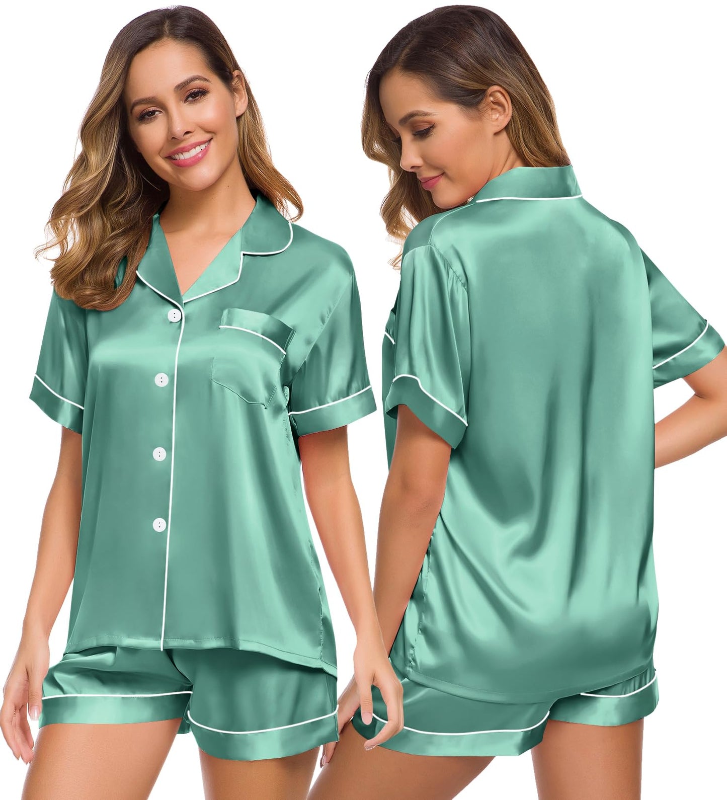 SWOMOG Womens Silk Satin Pajamas Set Short Sleeve Button Down Sleepwear Loungewear 2 Pcs Pj Sets