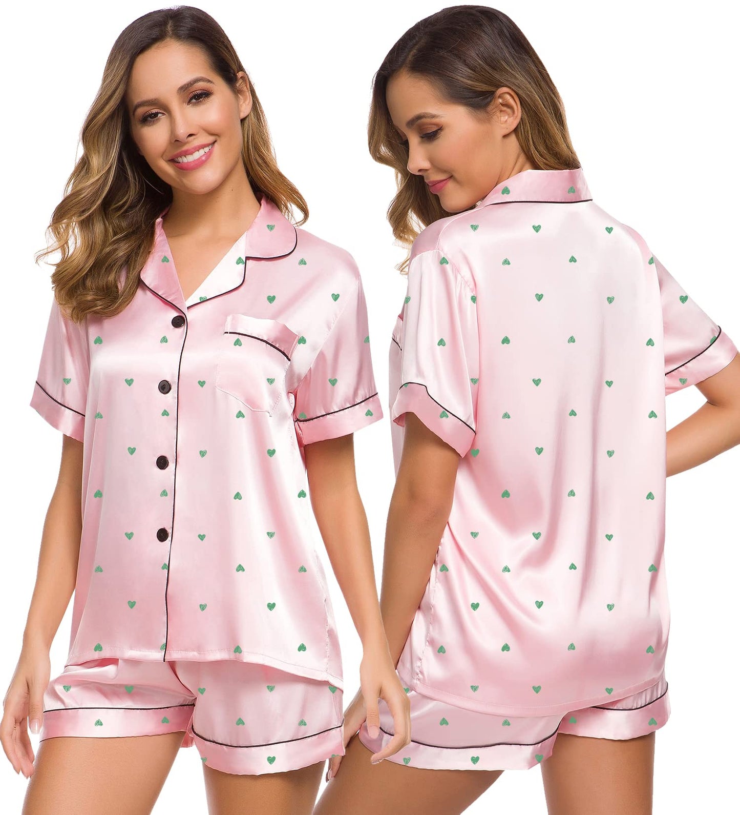 SWOMOG Womens Silk Satin Pajamas Set Short Sleeve Button Down Sleepwear Loungewear 2 Pcs Pj Sets