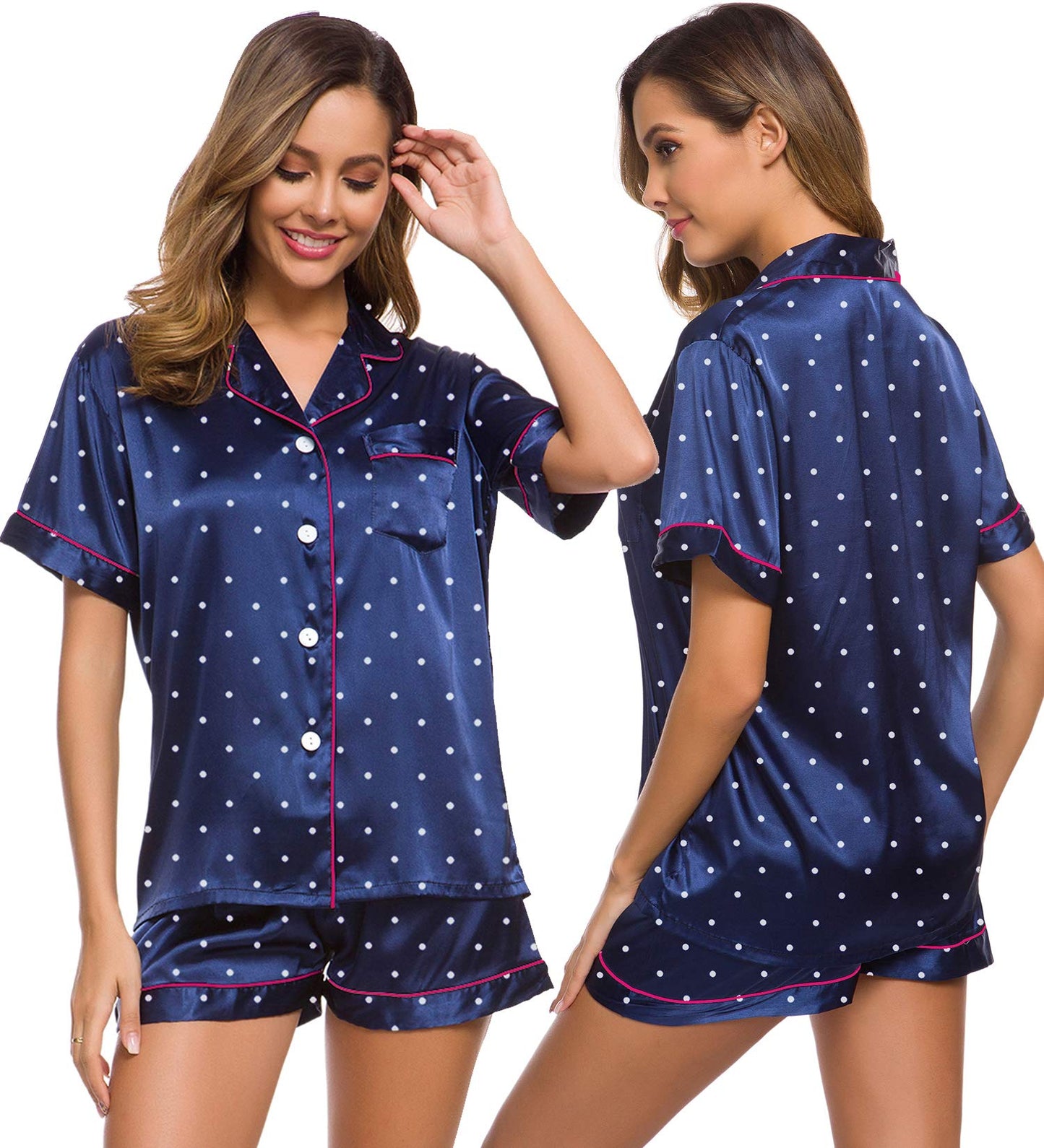 SWOMOG Womens Silk Satin Pajamas Set Short Sleeve Button Down Sleepwear Loungewear 2 Pcs Pj Sets