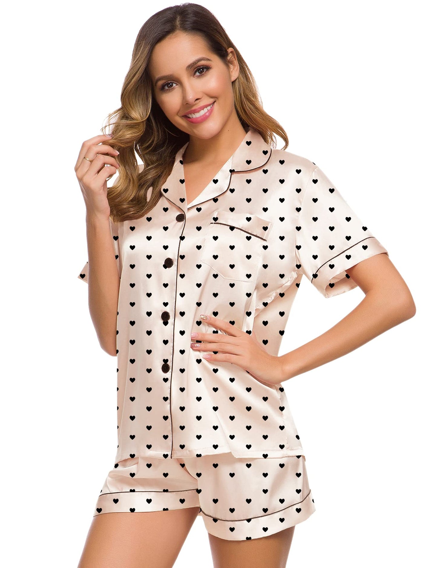 SWOMOG Womens Silk Satin Pajamas Set Short Sleeve Button Down Sleepwear Loungewear 2 Pcs Pj Sets