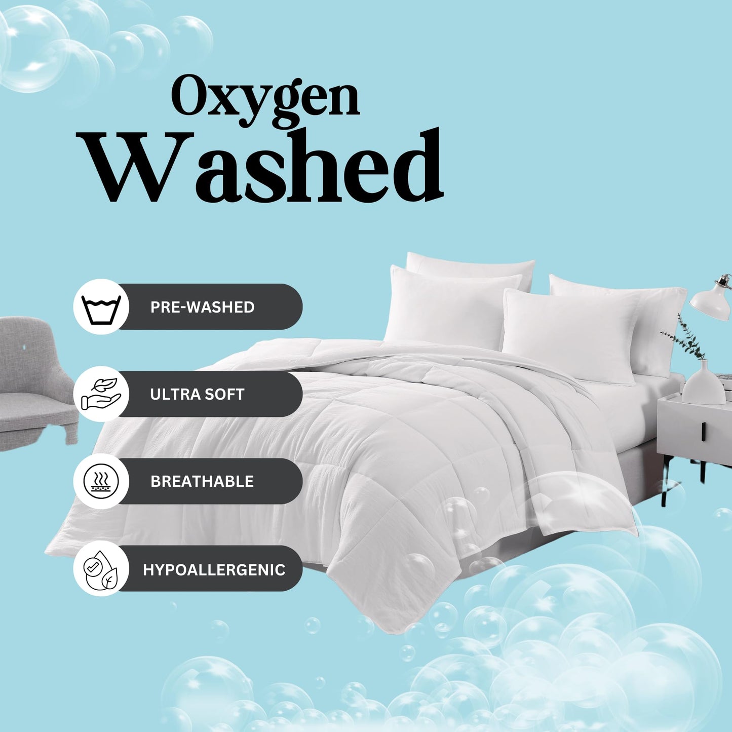 Comforter Set Queen Size - Goose Down Alternative – Washed Ultra-Soft - Premium All Season Warmth Bedding Set (Queen, French Blue)