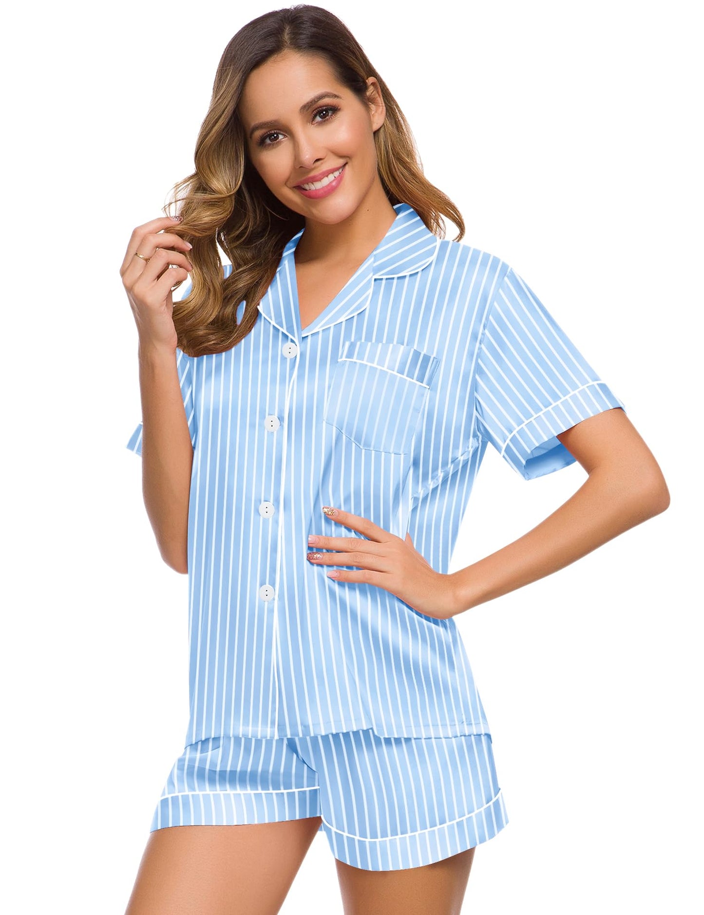 SWOMOG Womens Silk Satin Pajamas Set Short Sleeve Button Down Sleepwear Loungewear 2 Pcs Pj Sets
