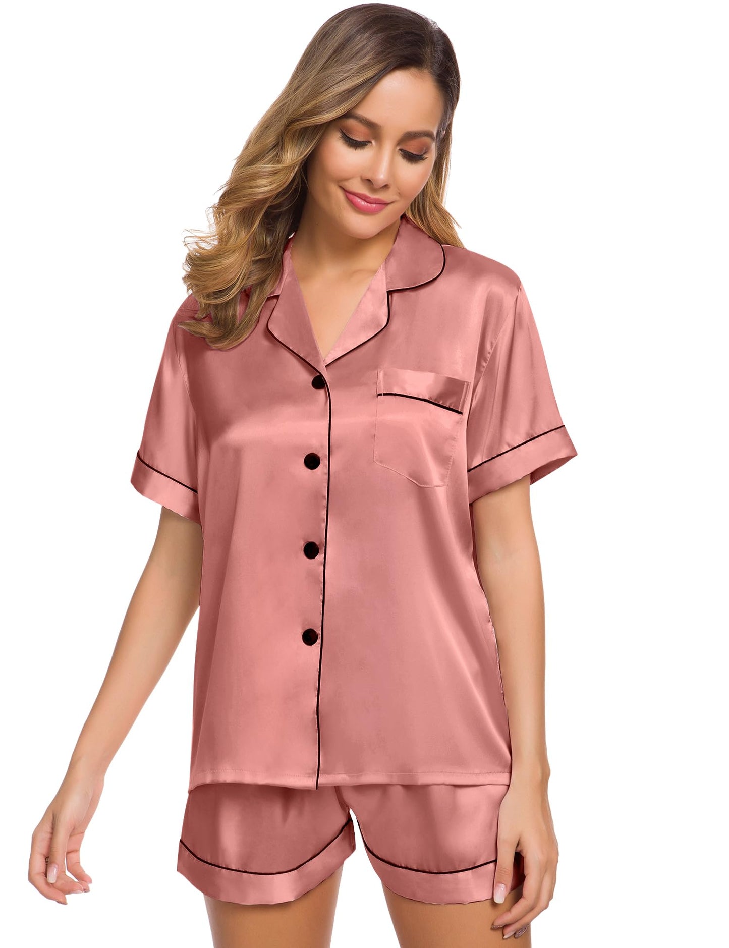 SWOMOG Womens Silk Satin Pajamas Set Short Sleeve Button Down Sleepwear Loungewear 2 Pcs Pj Sets