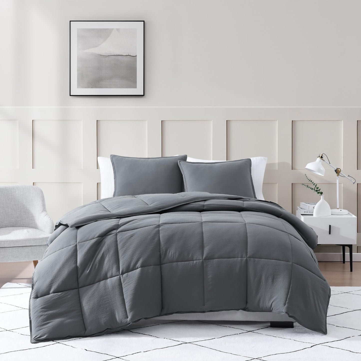 Ultra Soft Organic Cotton Queen Comforter Set - Hypoallergenic Down Alternative, All-Season Warm Bedding (1 Comforter, 2 Pillow Shams) - Charcoal