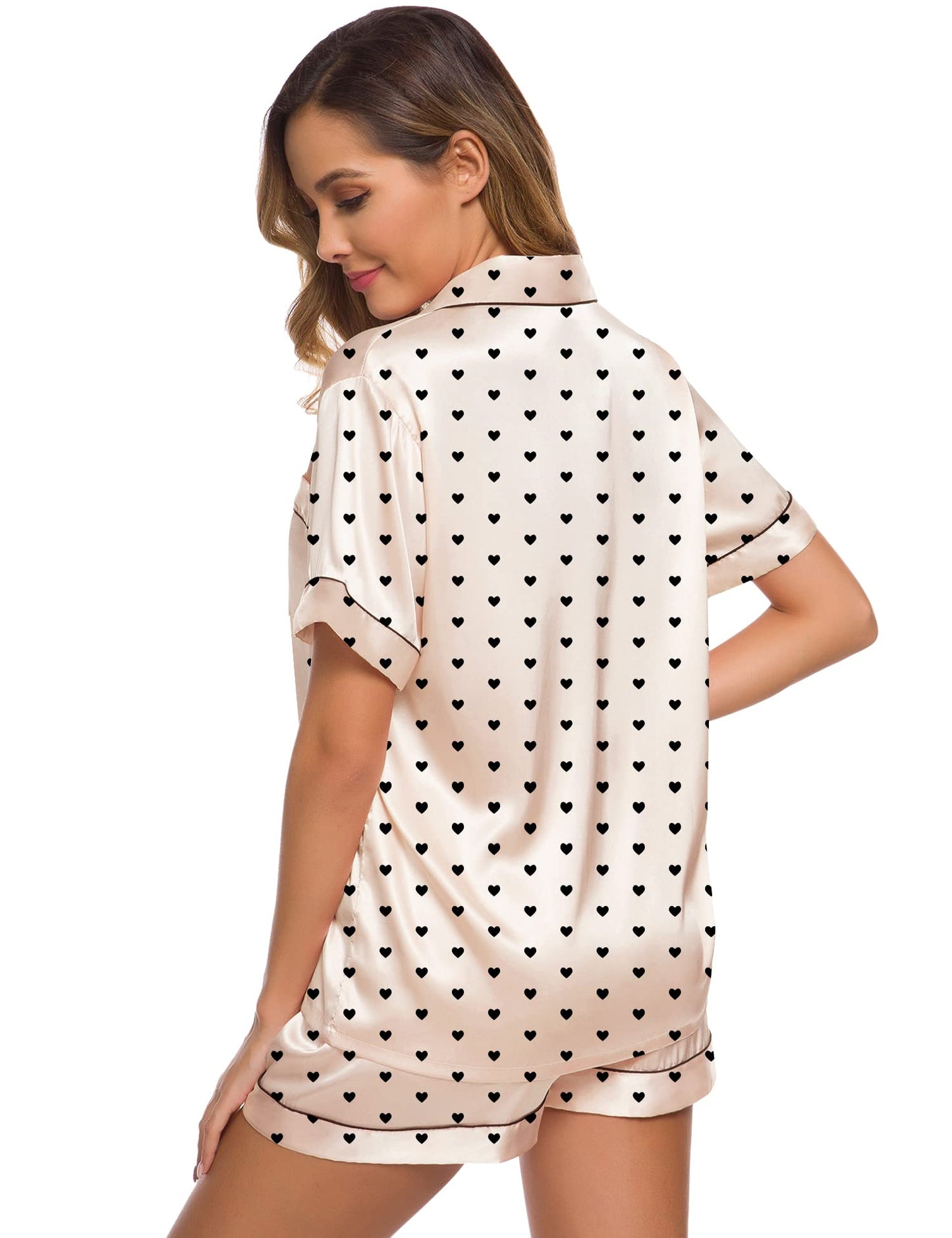 SWOMOG Womens Silk Satin Pajamas Set Short Sleeve Button Down Sleepwear Loungewear 2 Pcs Pj Sets