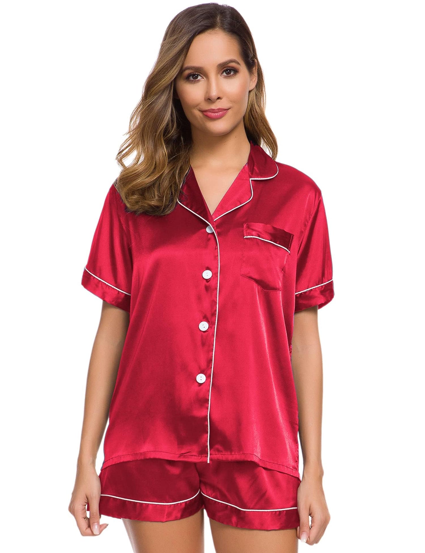 SWOMOG Womens Silk Satin Pajamas Set Short Sleeve Button Down Sleepwear Loungewear 2 Pcs Pj Sets