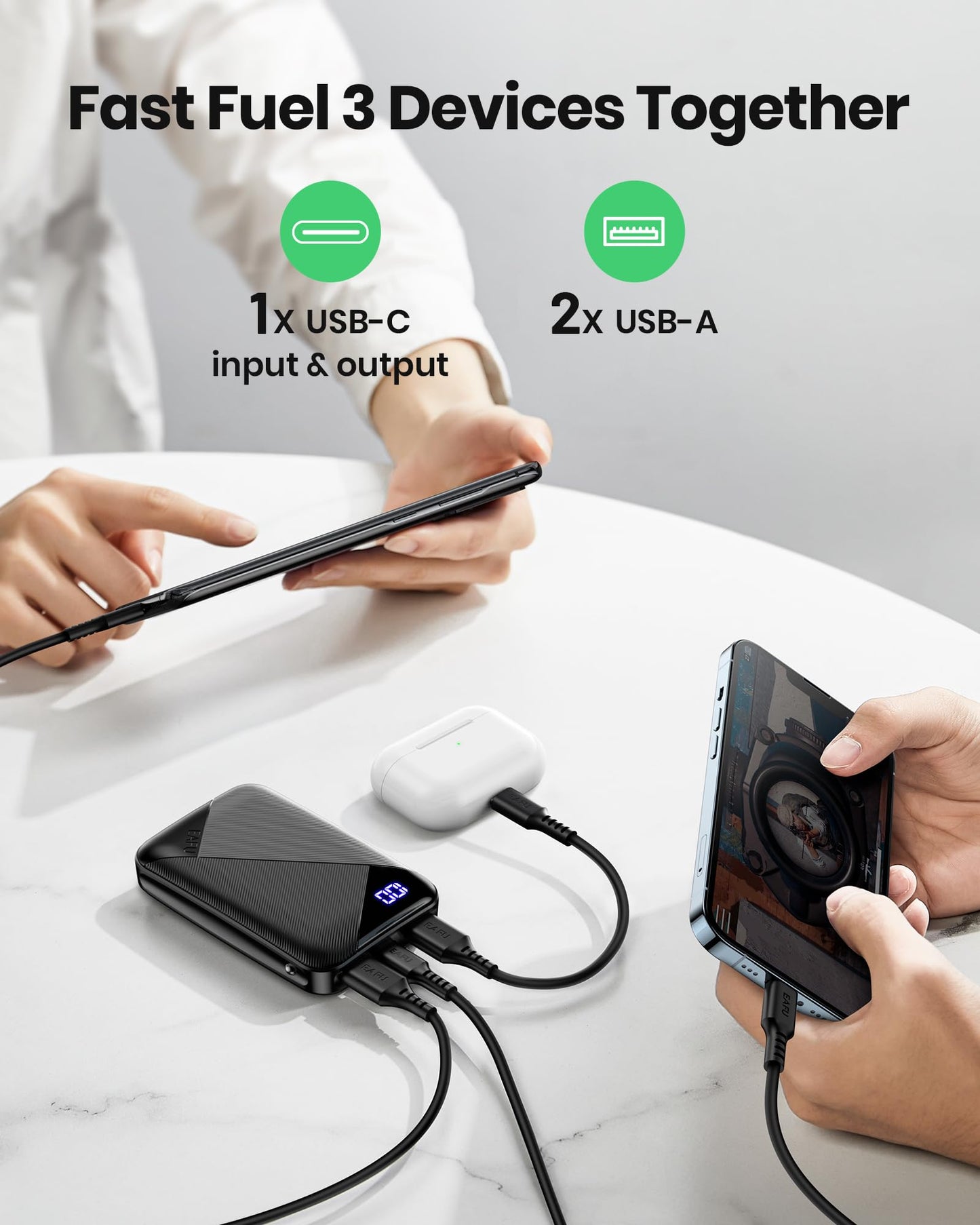 EAFU Portable Charger, Compact 10000mAh USB C Power Bank, Triple 3A High-Speed External Battery Pack with Flashlight for iPhone 15 14 13 12 11 X Pro 8 Plus Samsung S20 S10 Note20 Google LG iPad Tablet