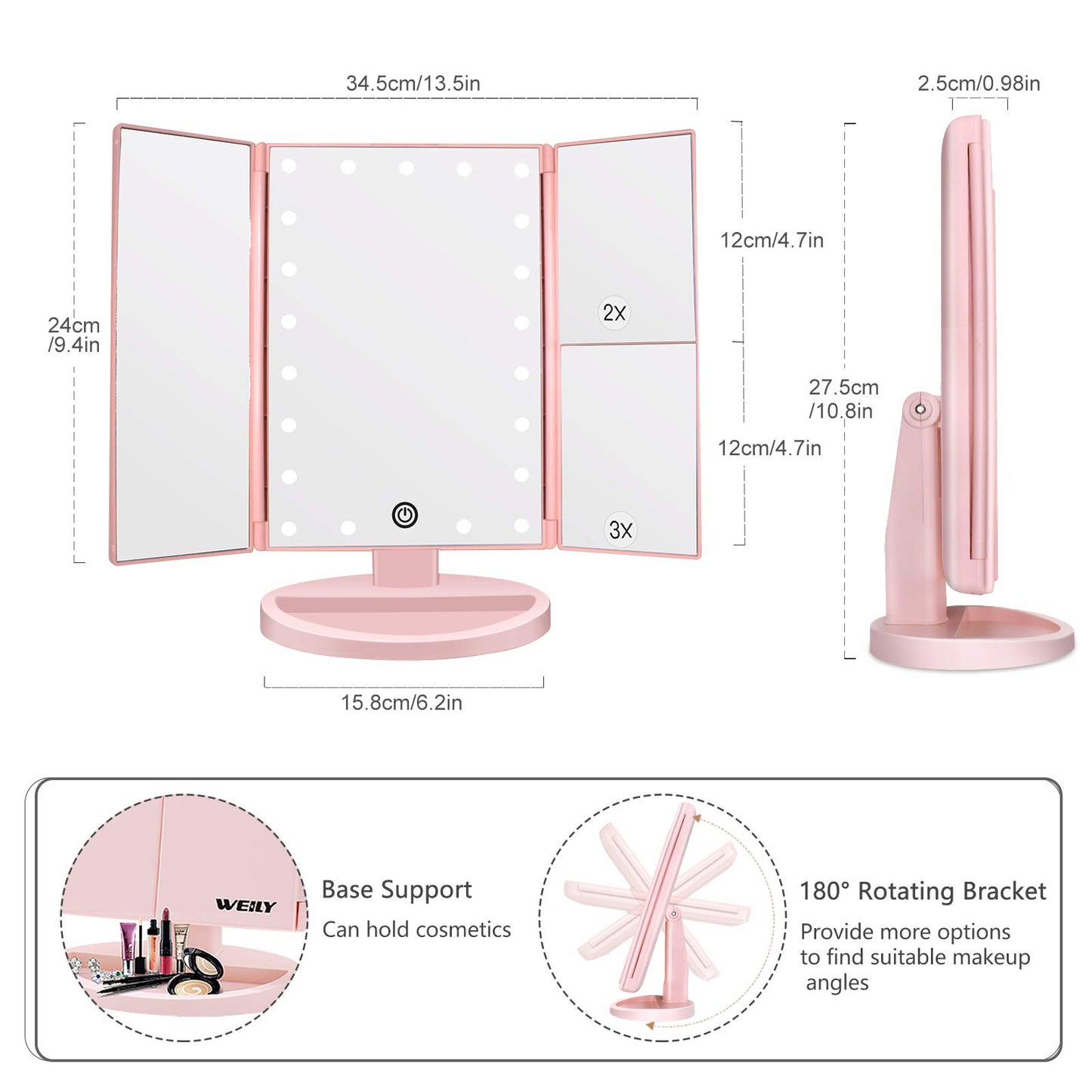 WEILY Makeup Mirror with 21 LED Lights,Two Power Supply Modes, Adjustable Touch Screen and 1x/2x/3x Magnification Tri-Fold Vanity Mirror, Gift for Women(Pink)