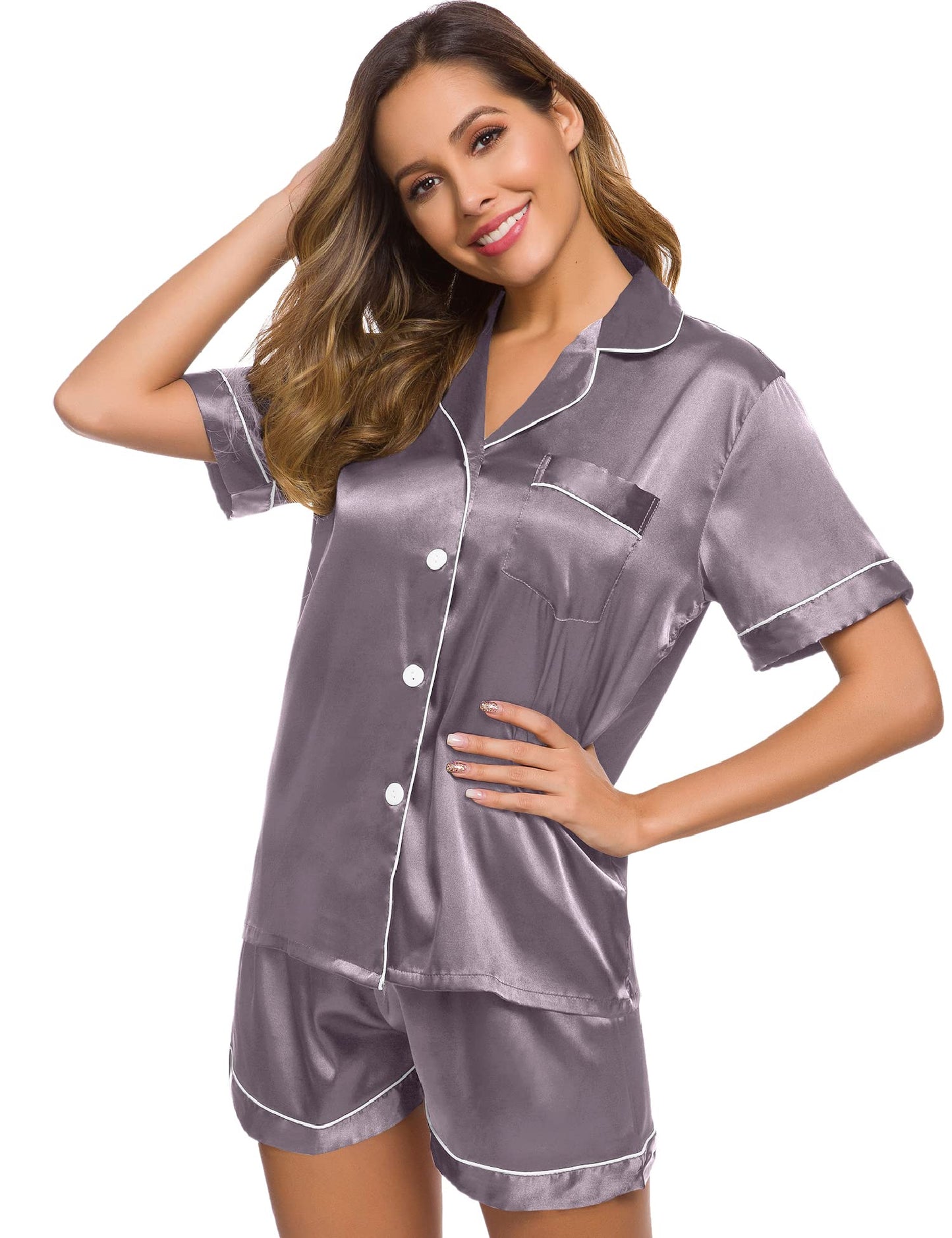 SWOMOG Womens Silk Satin Pajamas Set Short Sleeve Button Down Sleepwear Loungewear 2 Pcs Pj Sets