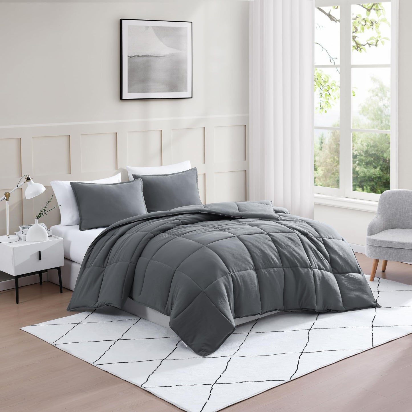 Ultra Soft Organic Cotton Queen Comforter Set - Hypoallergenic Down Alternative, All-Season Warm Bedding (1 Comforter, 2 Pillow Shams) - Charcoal