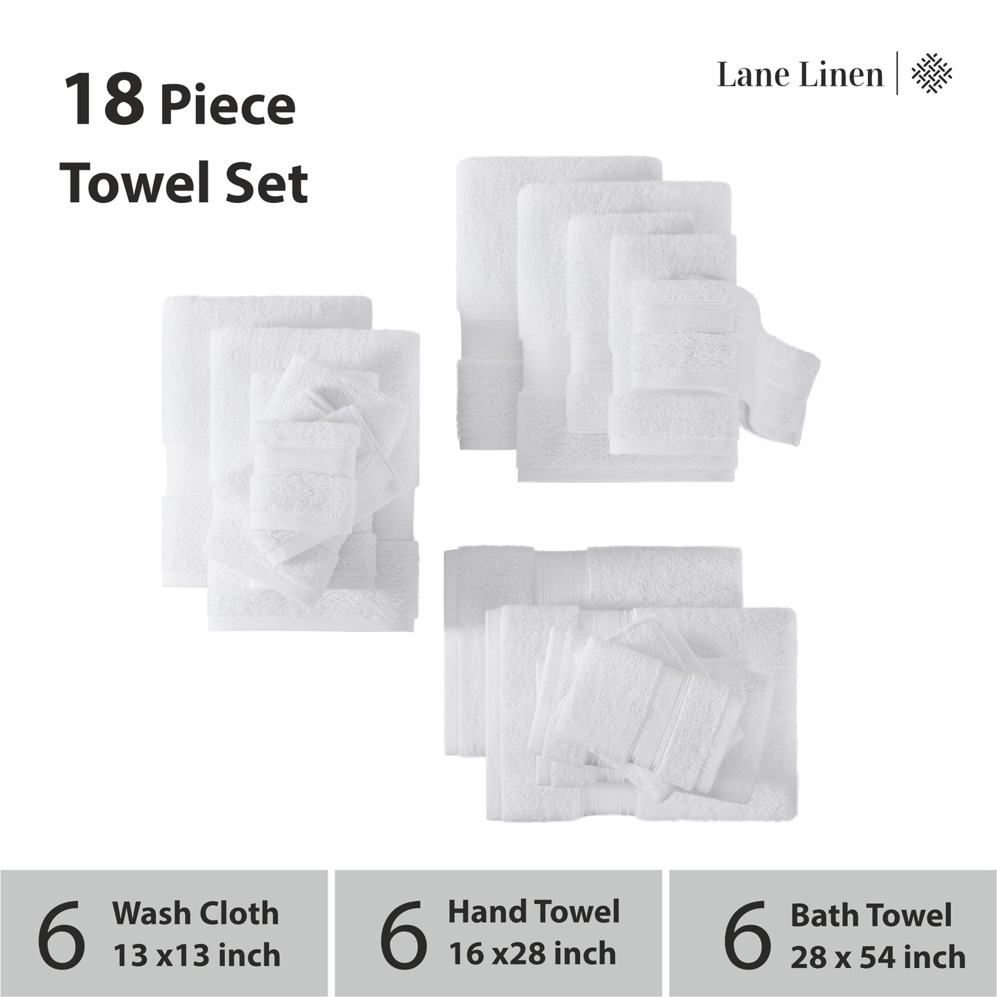 LANE LINEN Luxury Bath Towels Set - 6 Piece 100% CottonBathroom Zero Twist Shower Extra Absorbent Towel Super Soft 2 Hand Wash Cloths White