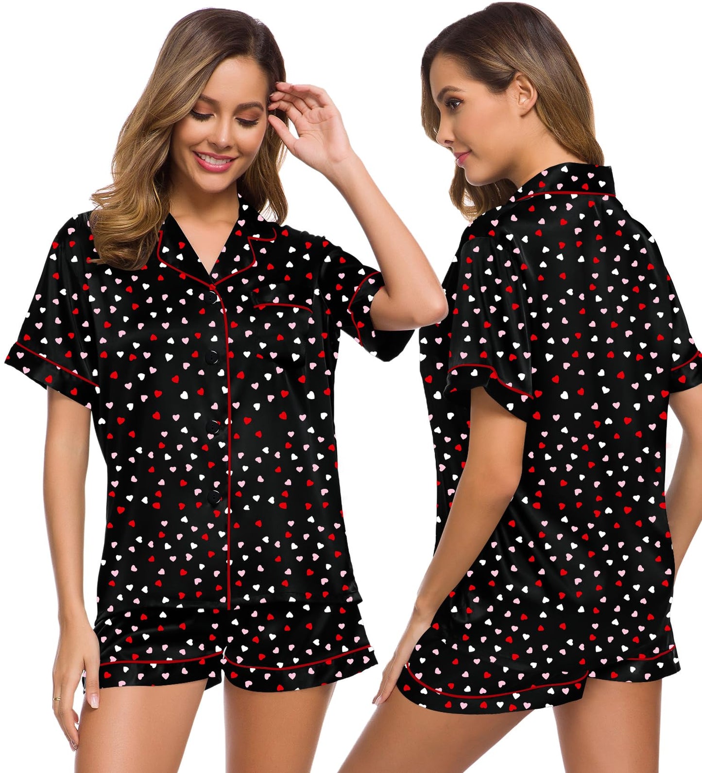 SWOMOG Womens Silk Satin Pajamas Set Short Sleeve Button Down Sleepwear Loungewear 2 Pcs Pj Sets
