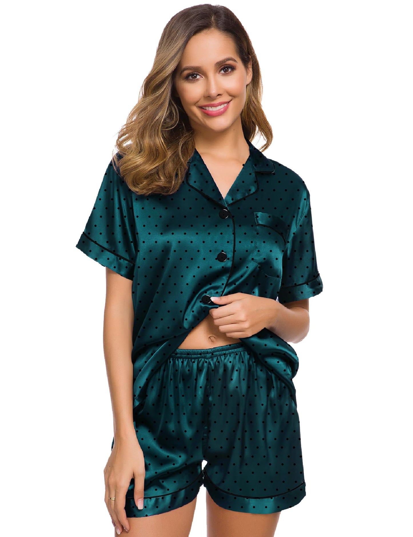 SWOMOG Womens Silk Satin Pajamas Set Short Sleeve Button Down Sleepwear Loungewear 2 Pcs Pj Sets