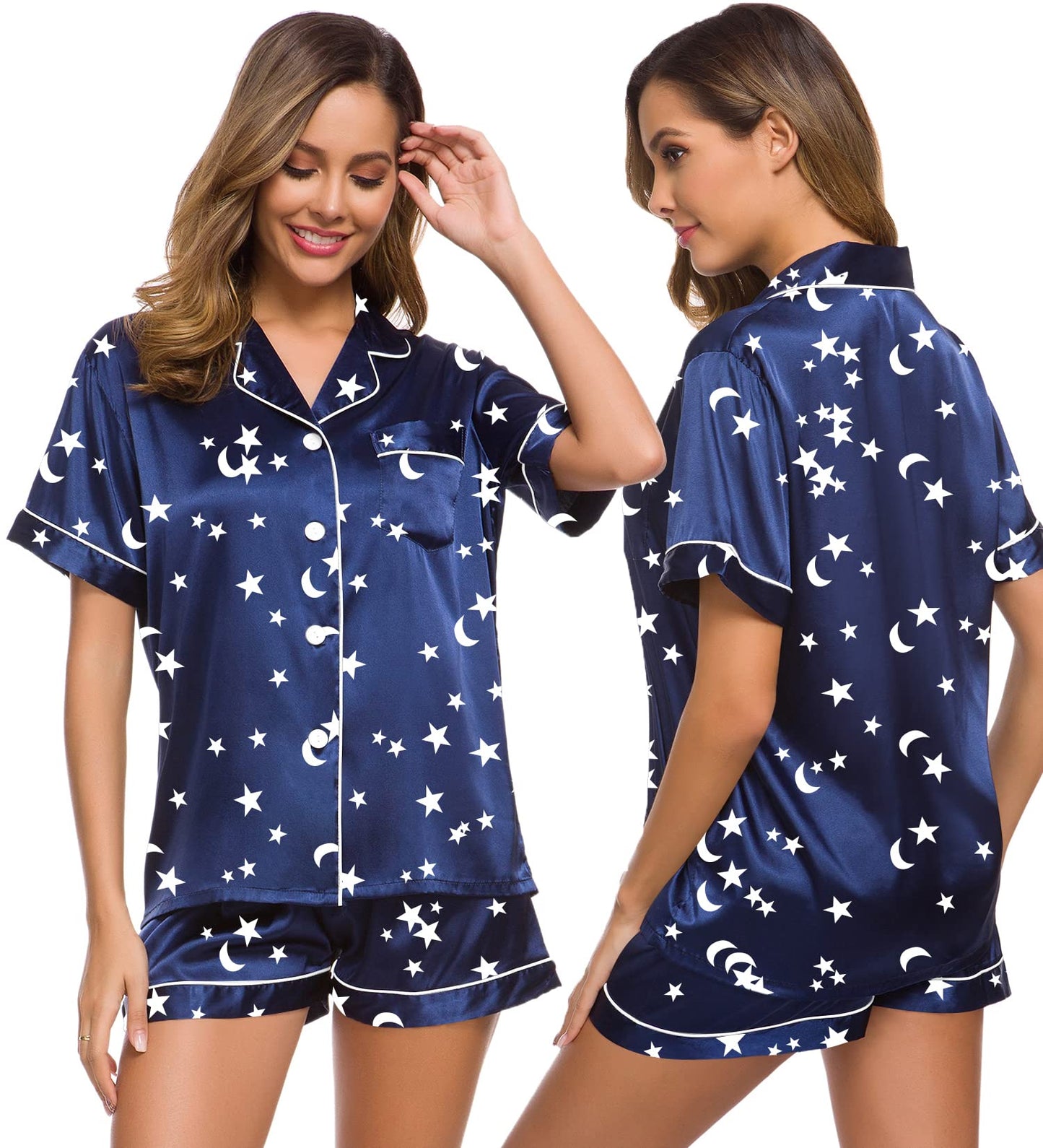 SWOMOG Womens Silk Satin Pajamas Set Short Sleeve Button Down Sleepwear Loungewear 2 Pcs Pj Sets