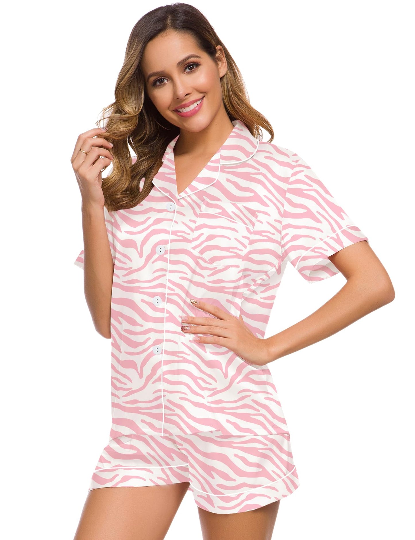 SWOMOG Womens Silk Satin Pajamas Set Short Sleeve Button Down Sleepwear Loungewear 2 Pcs Pj Sets