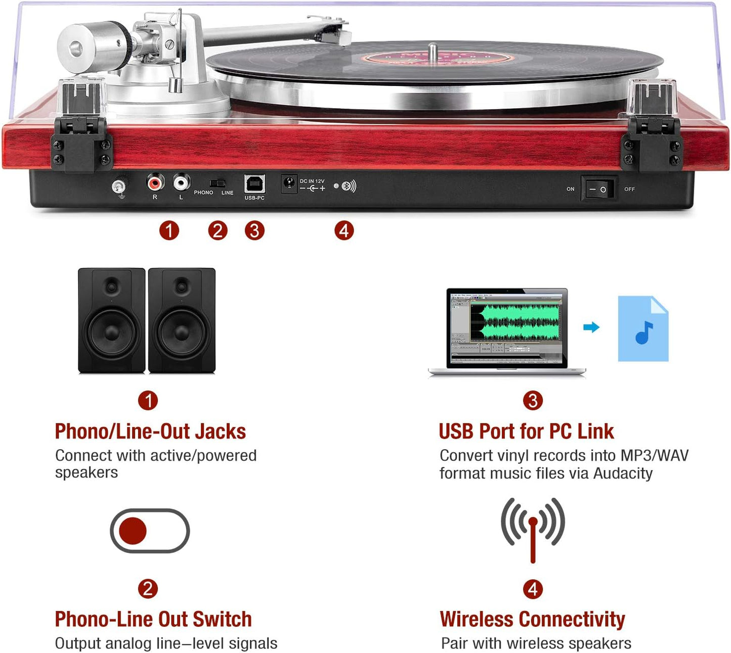 1 BY ONE Belt-Drive Wireless Record Player with Audio-Technica MM Phono Cartridge, Built-in Preamp, Adjustable Counterweight, USB Digital Output (Red)