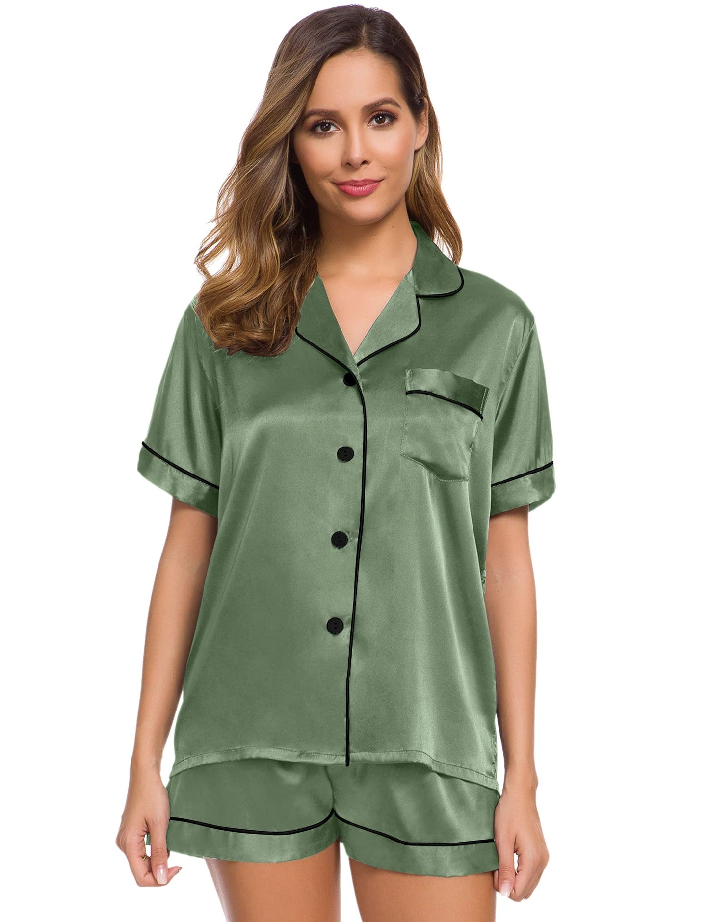SWOMOG Womens Silk Satin Pajamas Set Short Sleeve Button Down Sleepwear Loungewear 2 Pcs Pj Sets