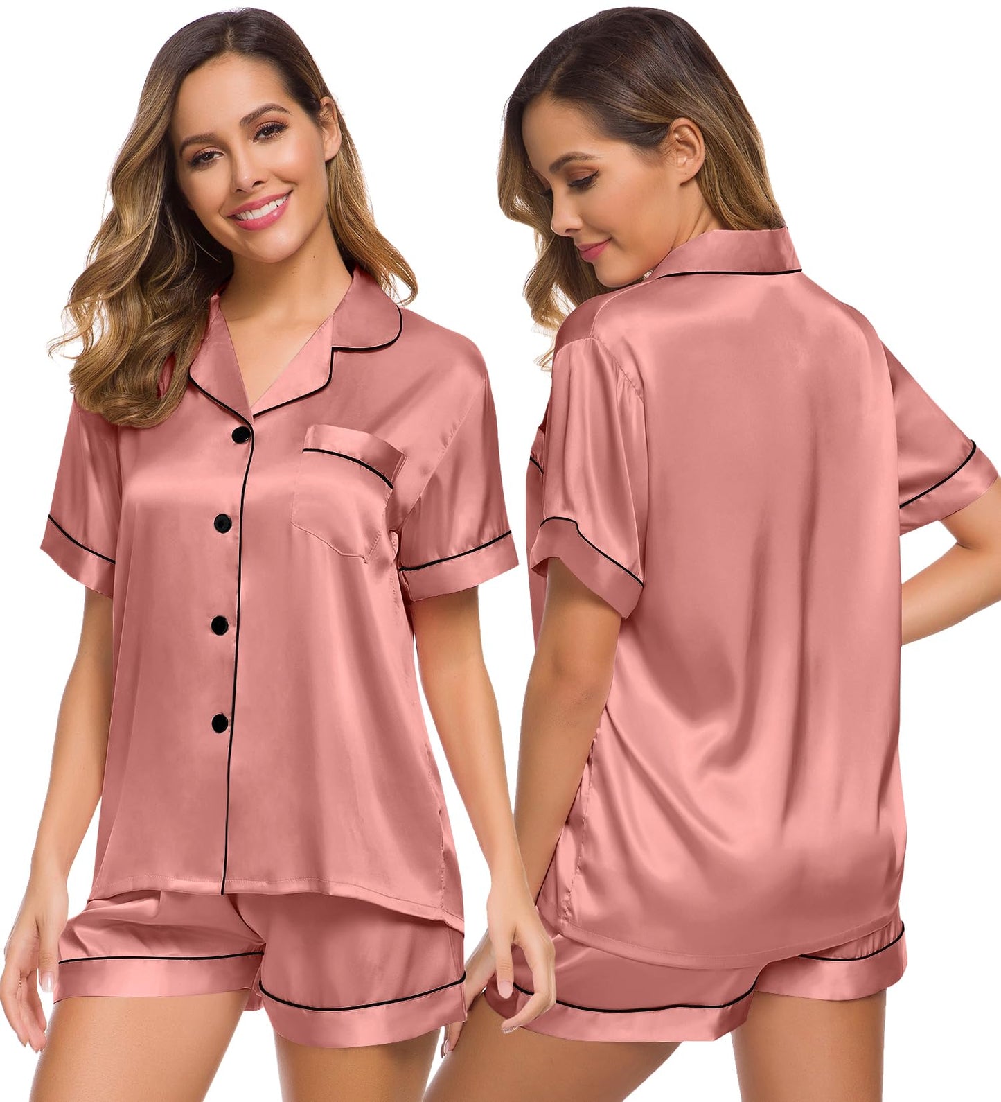 SWOMOG Womens Silk Satin Pajamas Set Short Sleeve Button Down Sleepwear Loungewear 2 Pcs Pj Sets