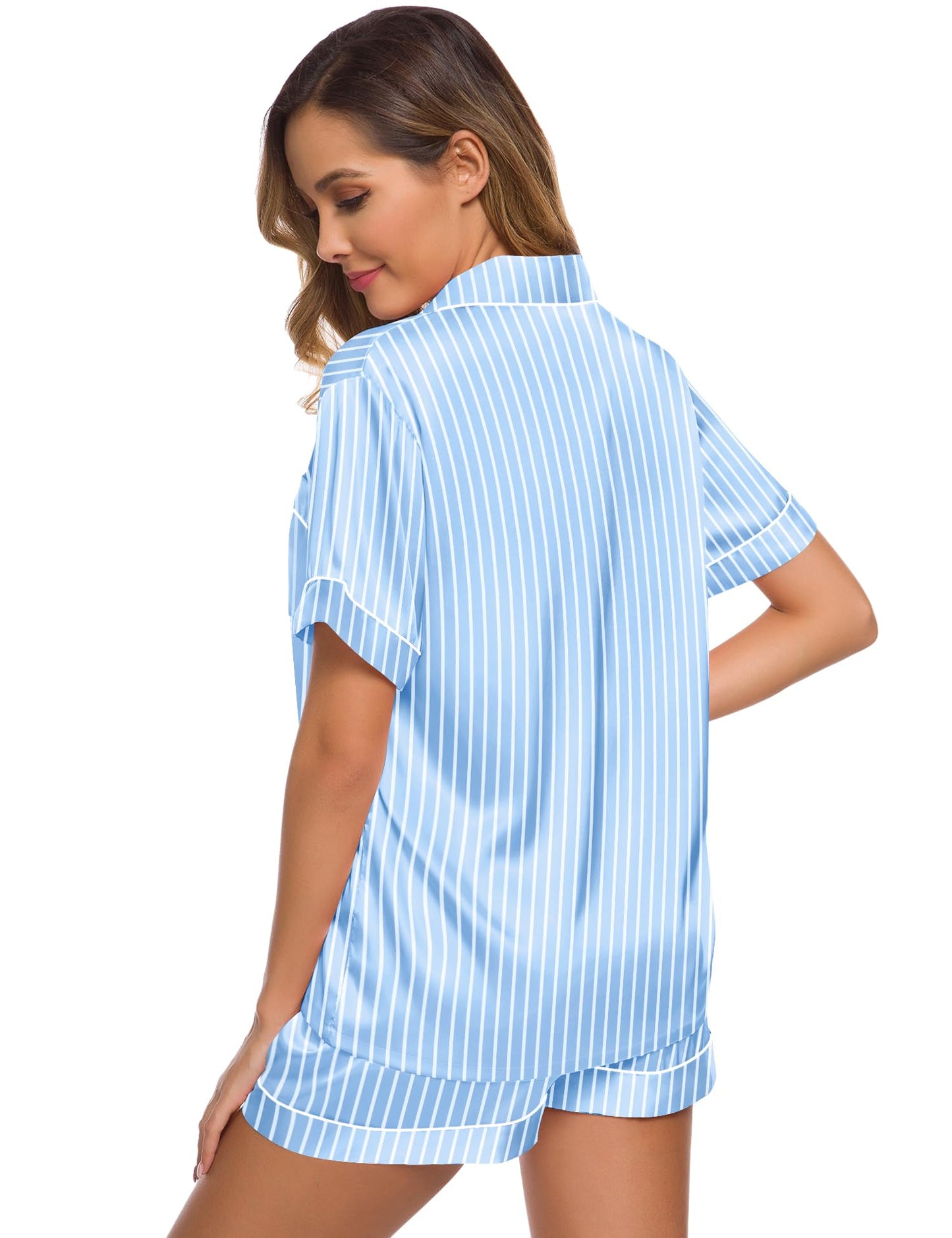 SWOMOG Womens Silk Satin Pajamas Set Short Sleeve Button Down Sleepwear Loungewear 2 Pcs Pj Sets