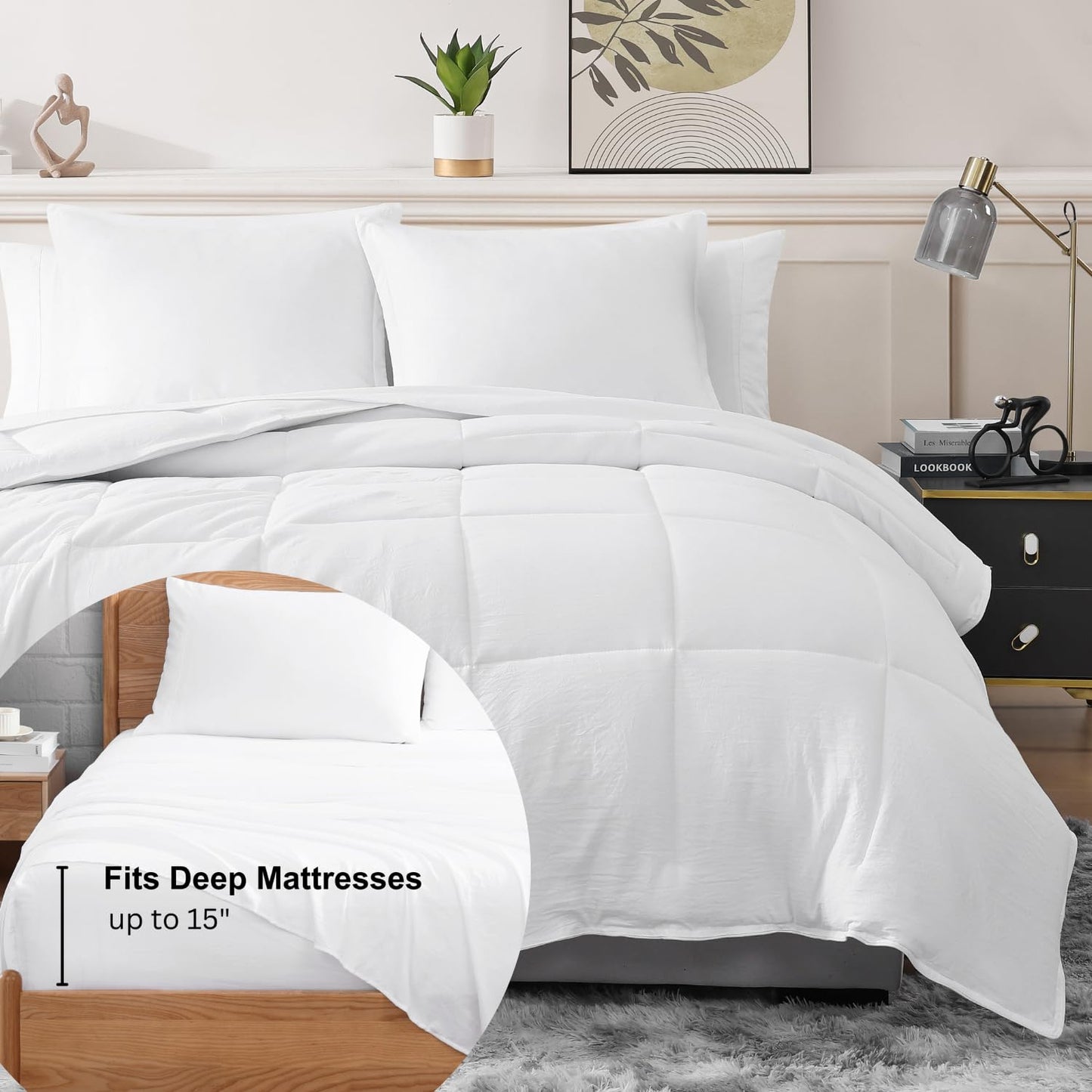 King Size Comforter Set Washed - 7 Pieces King Size Bed in A Bag, Bedding Sets with Comforters, Sheets, Pillowcases & Shams - Mineral