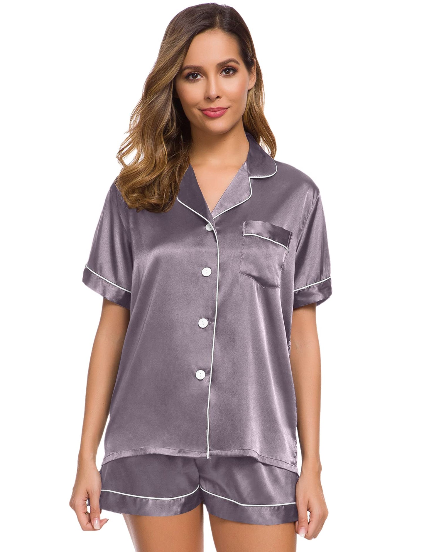 SWOMOG Womens Silk Satin Pajamas Set Short Sleeve Button Down Sleepwear Loungewear 2 Pcs Pj Sets