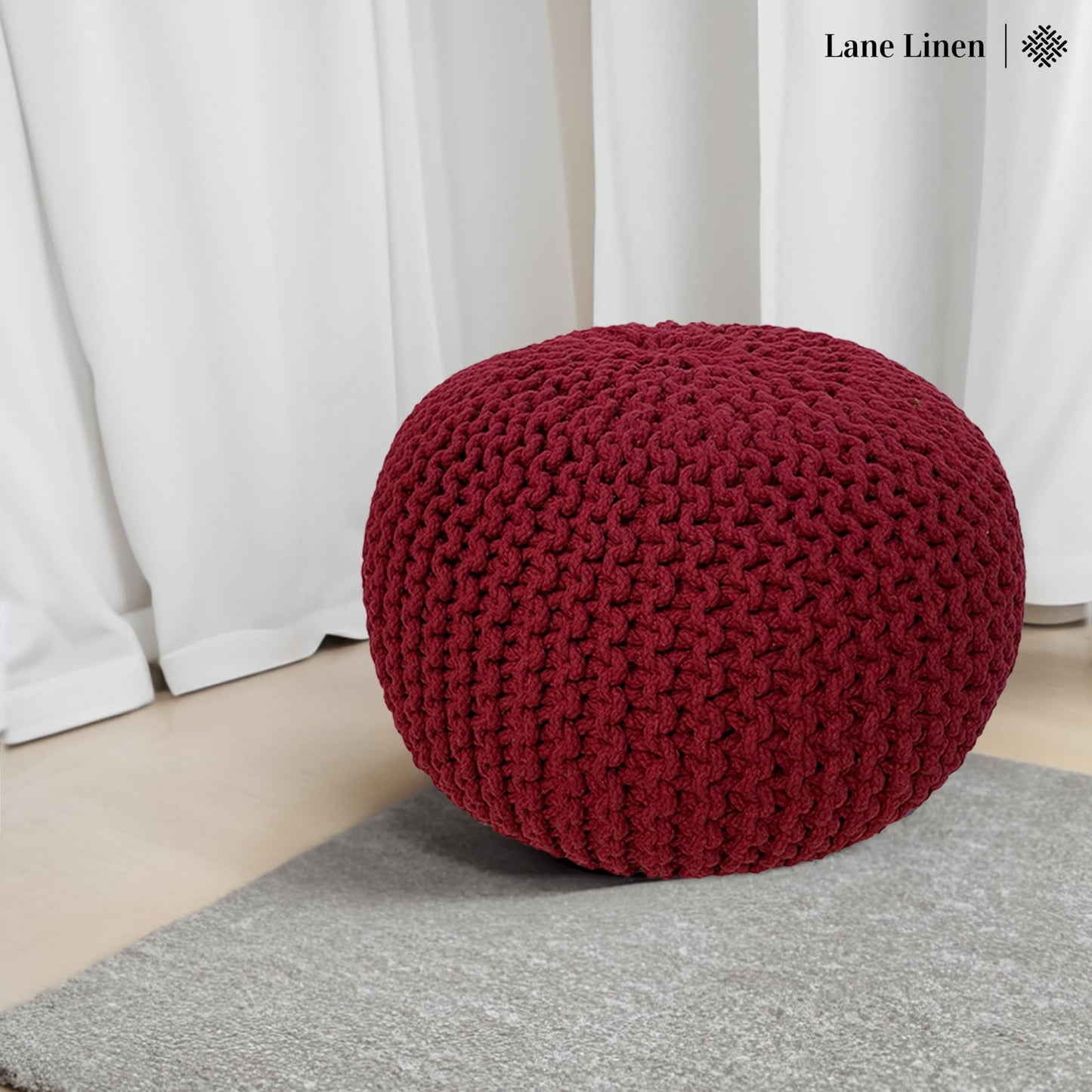 LANE LINEN Hand Knitted Cable Style Dori Pouf - Wine, Floor Ottoman - 100% Cotton Braid Cord - Handmade & Hand Stitched - Truly one of a Kind Seating - 20 Diameter x 14 Height