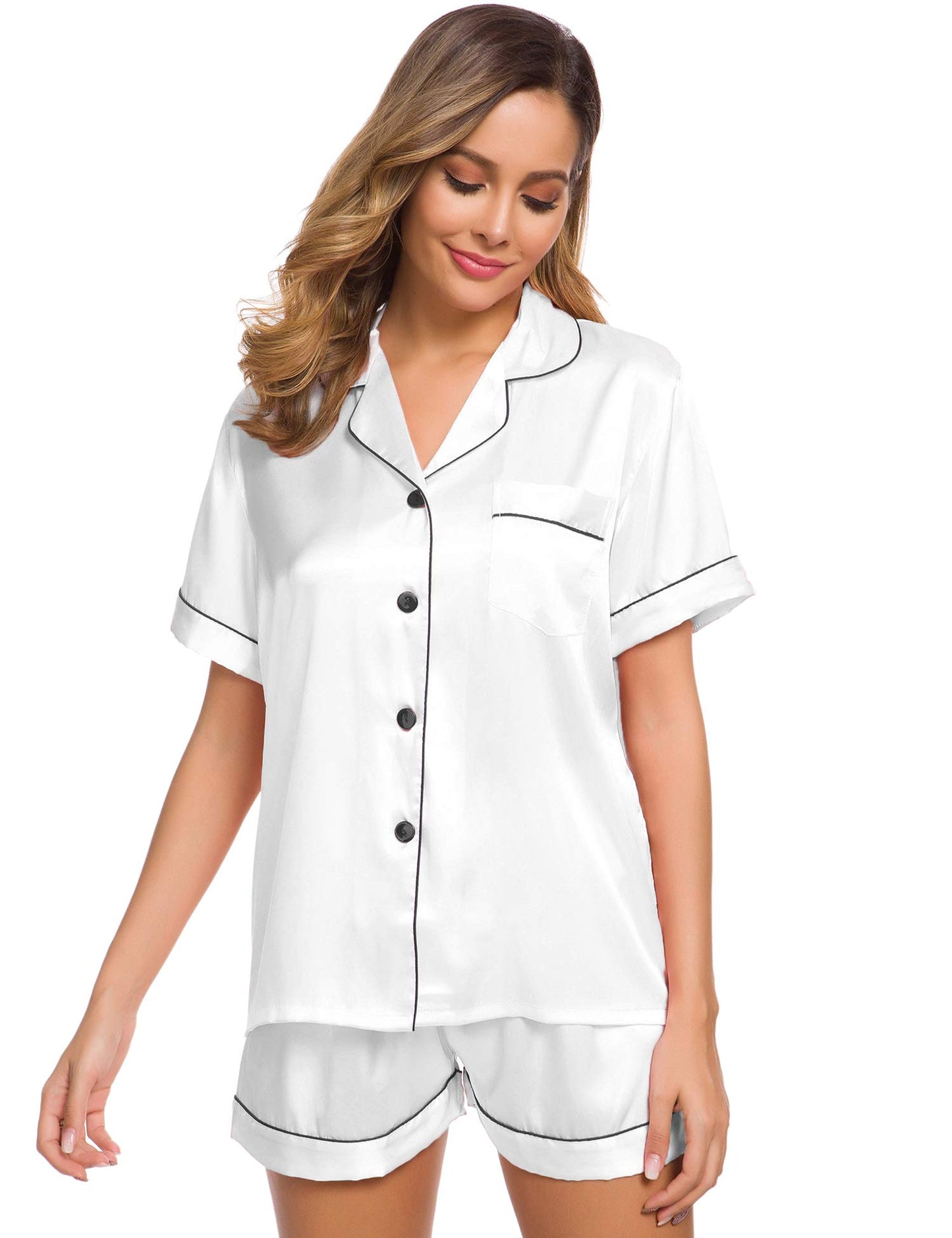 SWOMOG Womens Silk Satin Pajamas Set Short Sleeve Button Down Sleepwear Loungewear 2 Pcs Pj Sets
