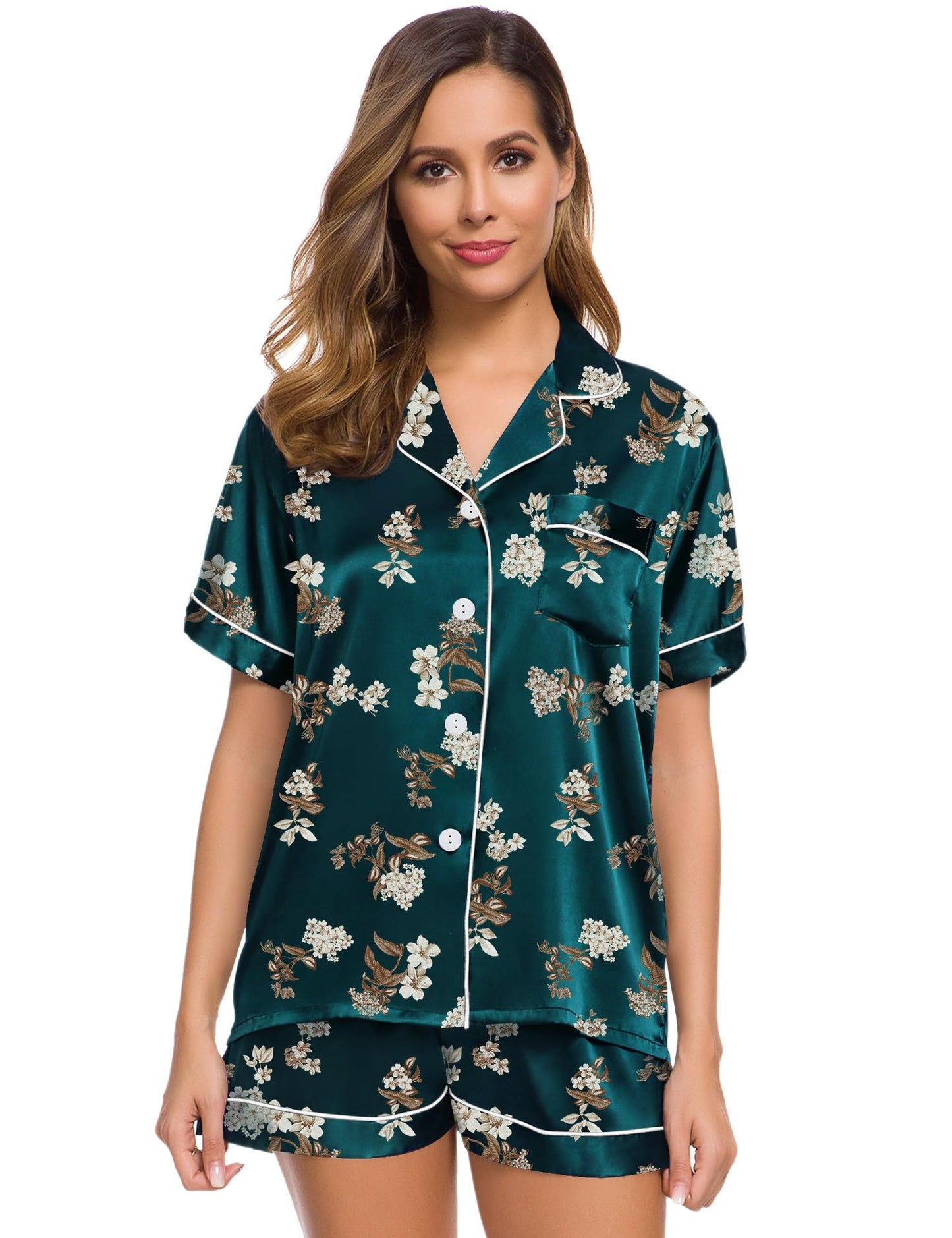 SWOMOG Womens Silk Satin Pajamas Set Short Sleeve Button Down Sleepwear Loungewear 2 Pcs Pj Sets