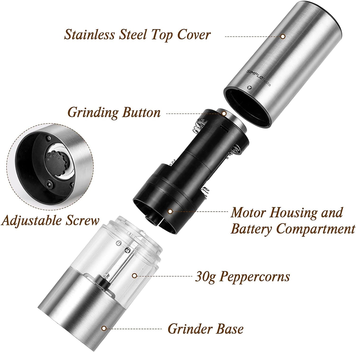 SIMPLETASTE Electric Salt and Pepper Grinder Set, Automatic One Handed,Stainless Grinders with Lights and Adjustable Coarseness,Battery Operated