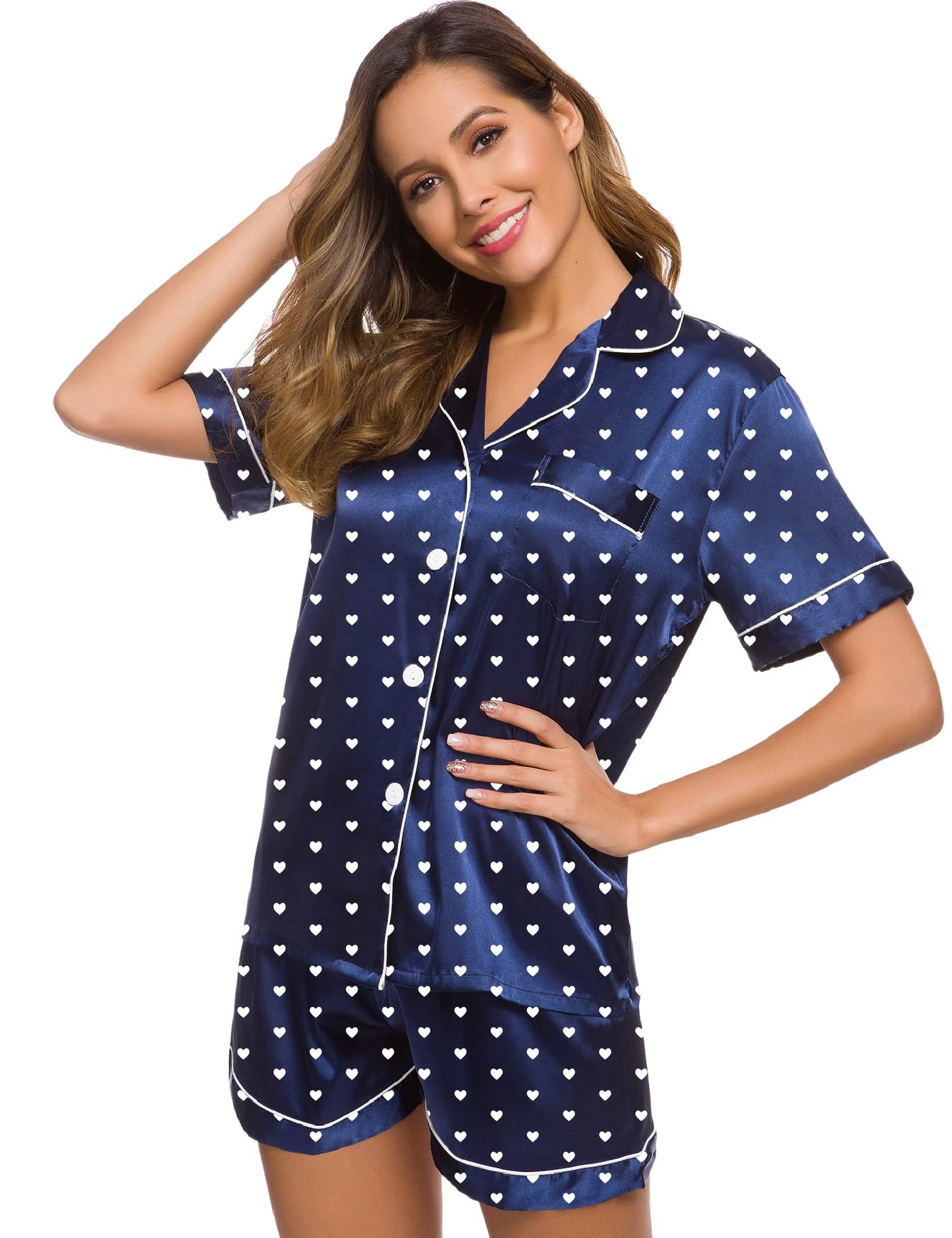 SWOMOG Womens Silk Satin Pajamas Set Short Sleeve Button Down Sleepwear Loungewear 2 Pcs Pj Sets