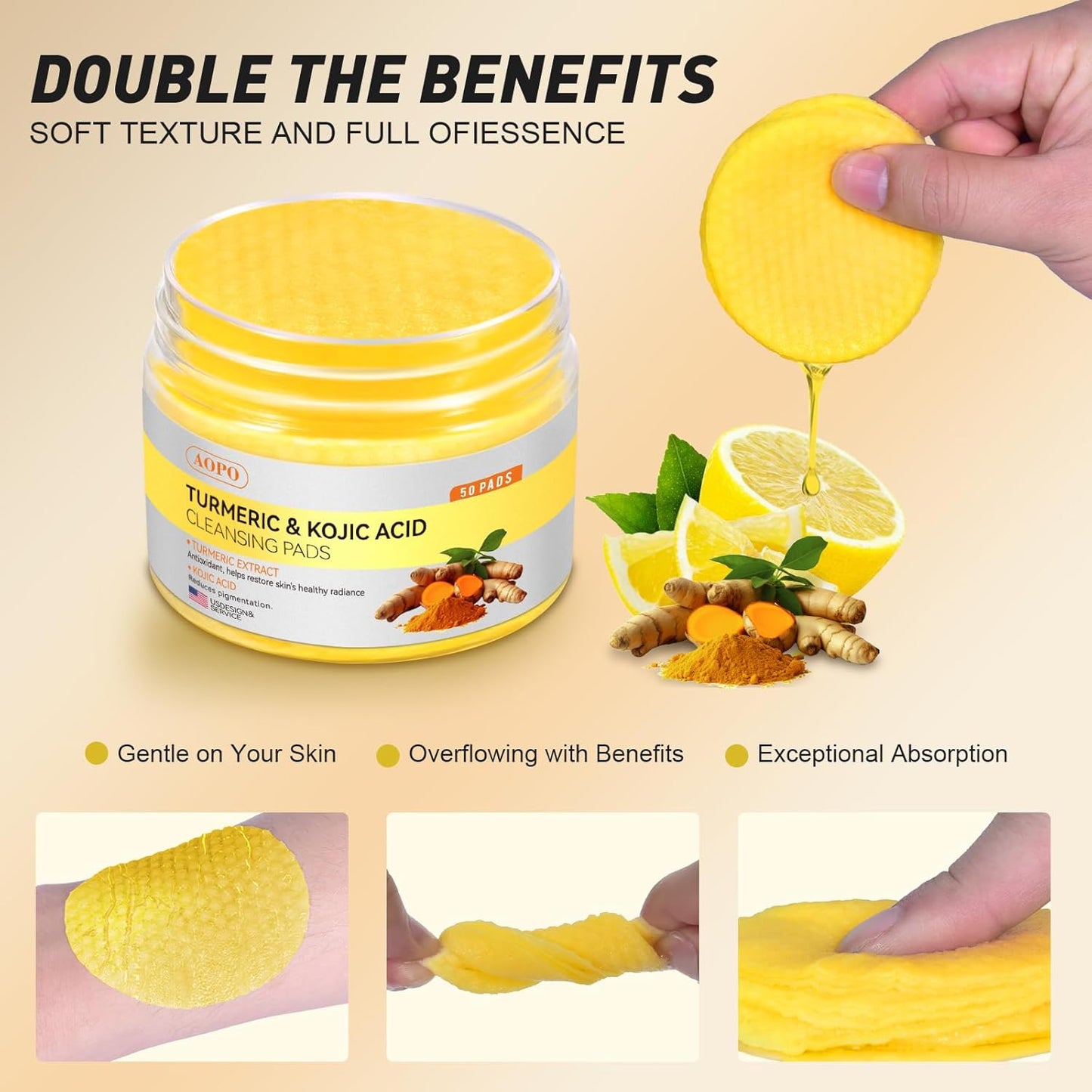 Kojic Acid and Turmeric Cleansing Pads, 50 Pcs, for Face and Body Cleansing and Exfoliation