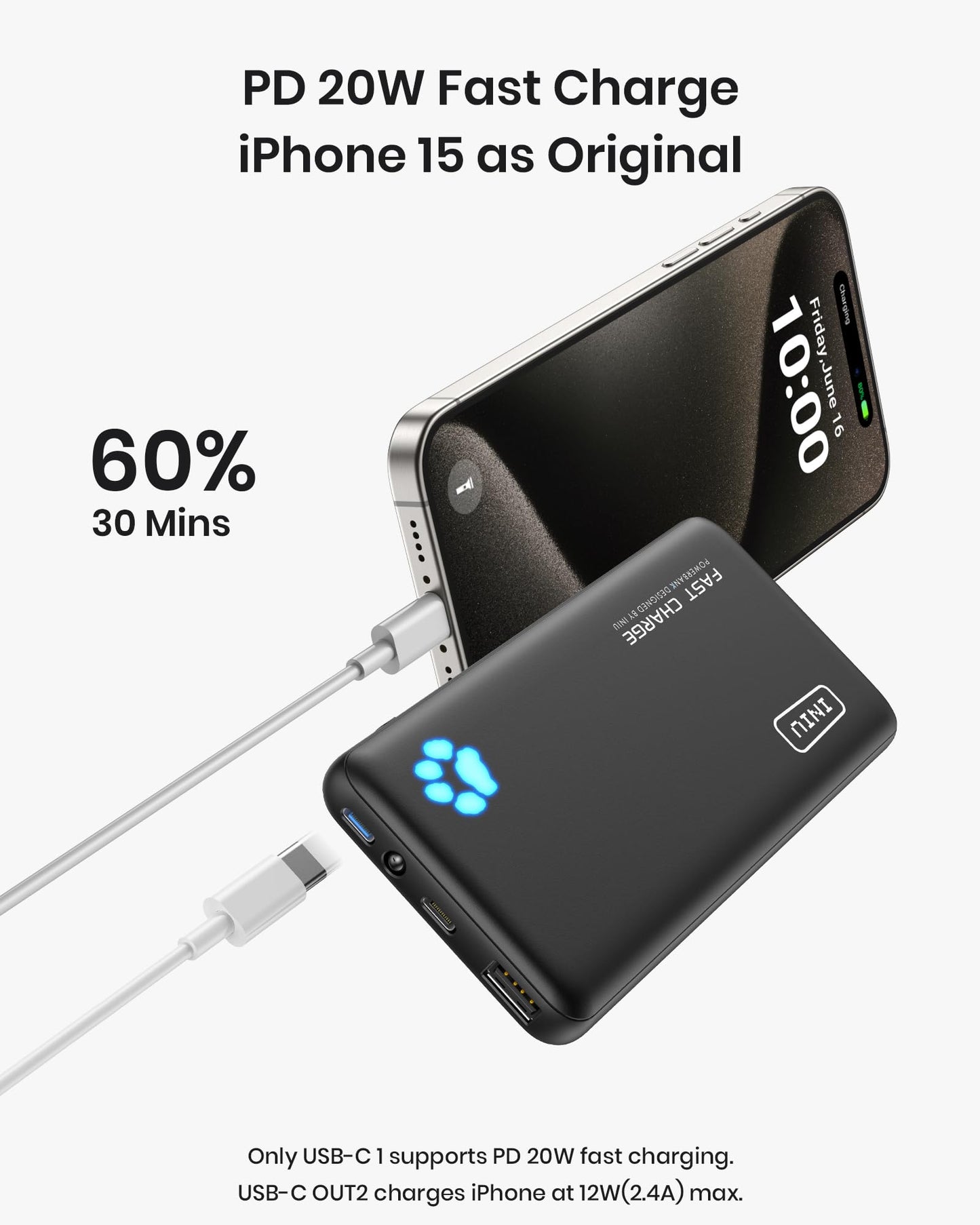 INIU Portable Charger, 20W PD3.0 Fast Charging Slimmest 10000mAh Power Bank, USB C in/Out QC4+ Battery Pack, Portable Phone Charger for iPhone 15 14 13 12 11 Pro Samsung S22 S21 Google AirPods iPad