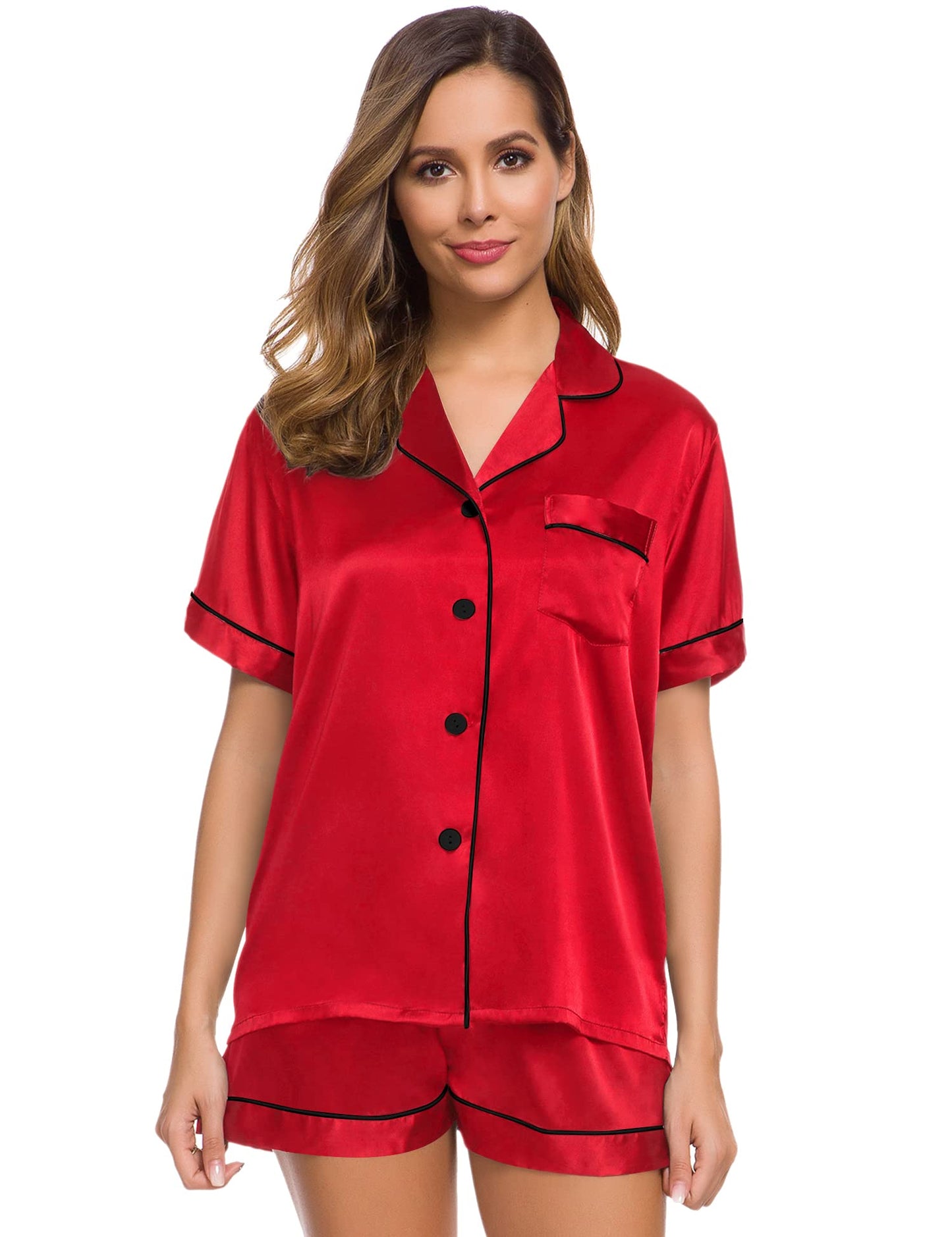 SWOMOG Womens Silk Satin Pajamas Set Short Sleeve Button Down Sleepwear Loungewear 2 Pcs Pj Sets