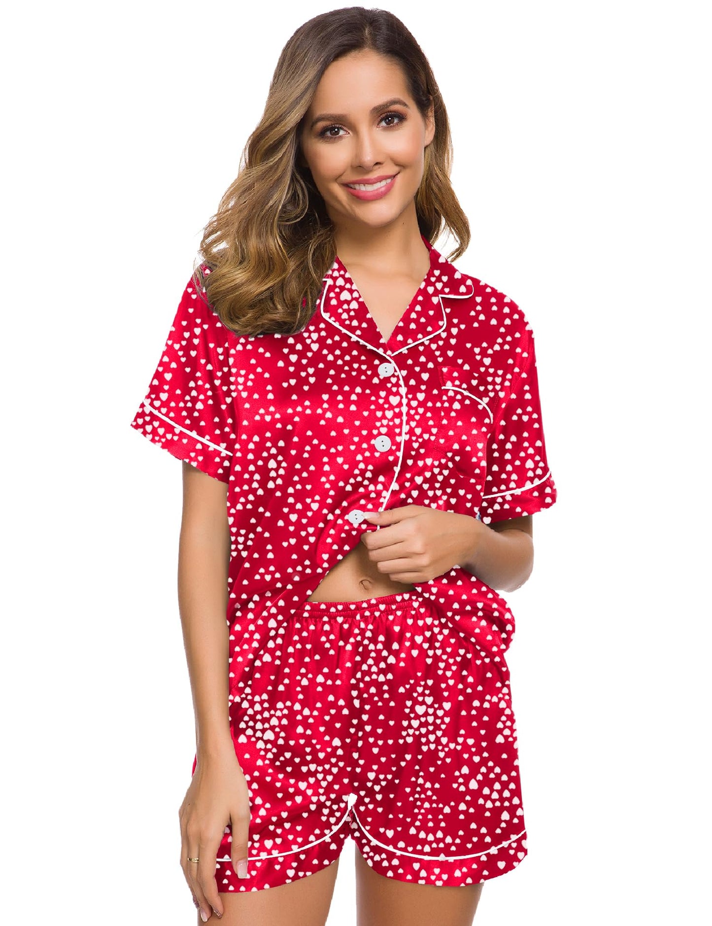 SWOMOG Womens Silk Satin Pajamas Set Short Sleeve Button Down Sleepwear Loungewear 2 Pcs Pj Sets