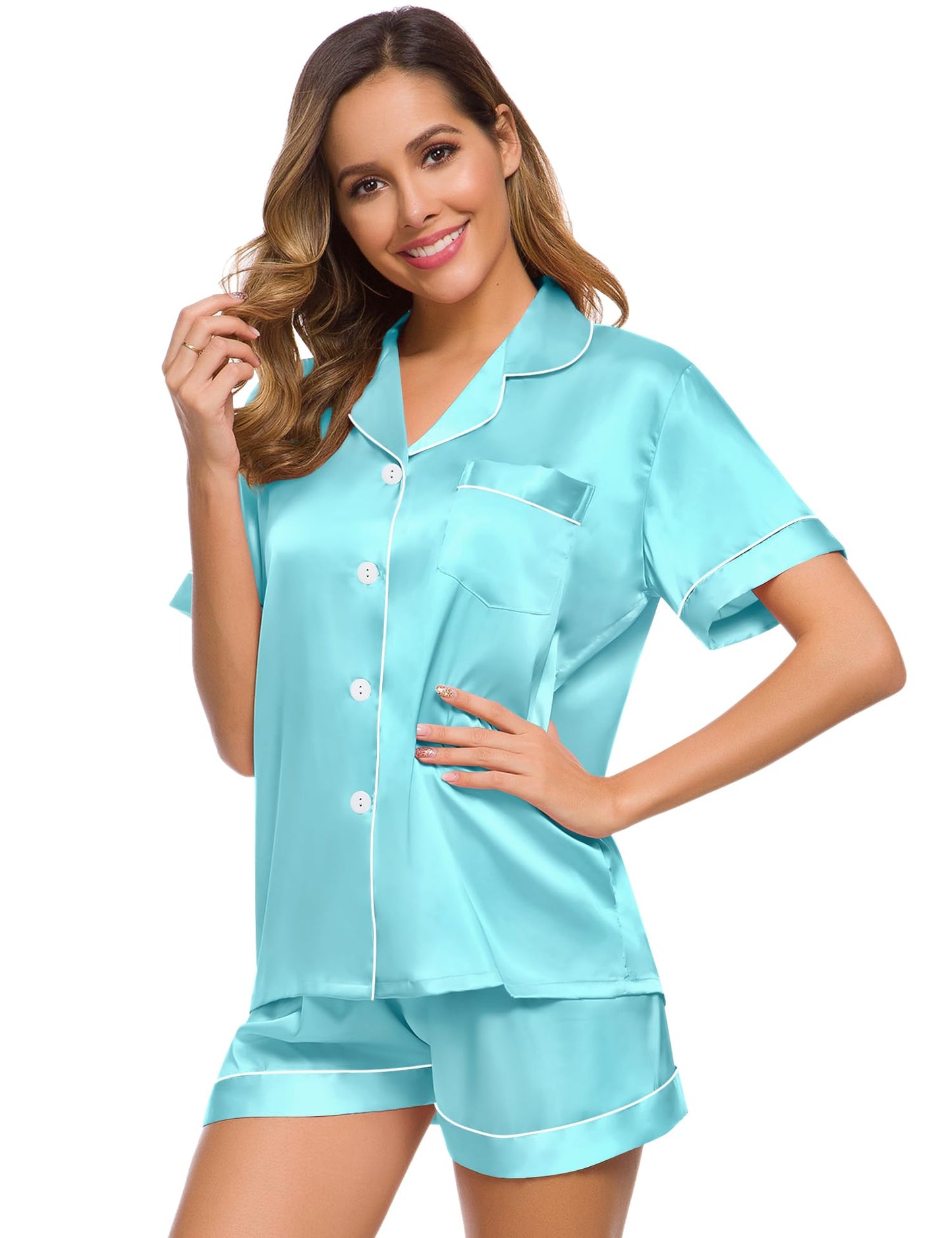 SWOMOG Womens Silk Satin Pajamas Set Short Sleeve Button Down Sleepwear Loungewear 2 Pcs Pj Sets