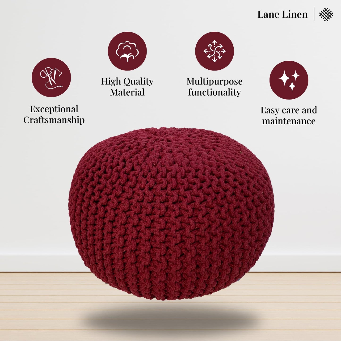 LANE LINEN Hand Knitted Cable Style Dori Pouf - Wine, Floor Ottoman - 100% Cotton Braid Cord - Handmade & Hand Stitched - Truly one of a Kind Seating - 20 Diameter x 14 Height