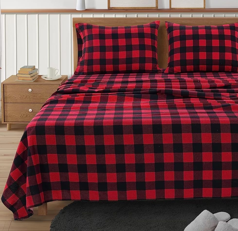 100% Cotton Flannel Sheets Set - Queen Size Flannel Sheets, 4-Piece Luxury Bedding Sets, Lightweight, Brushed for Extra Softness, Warm and Cozy, 16" Deep Pocket - Red Checks