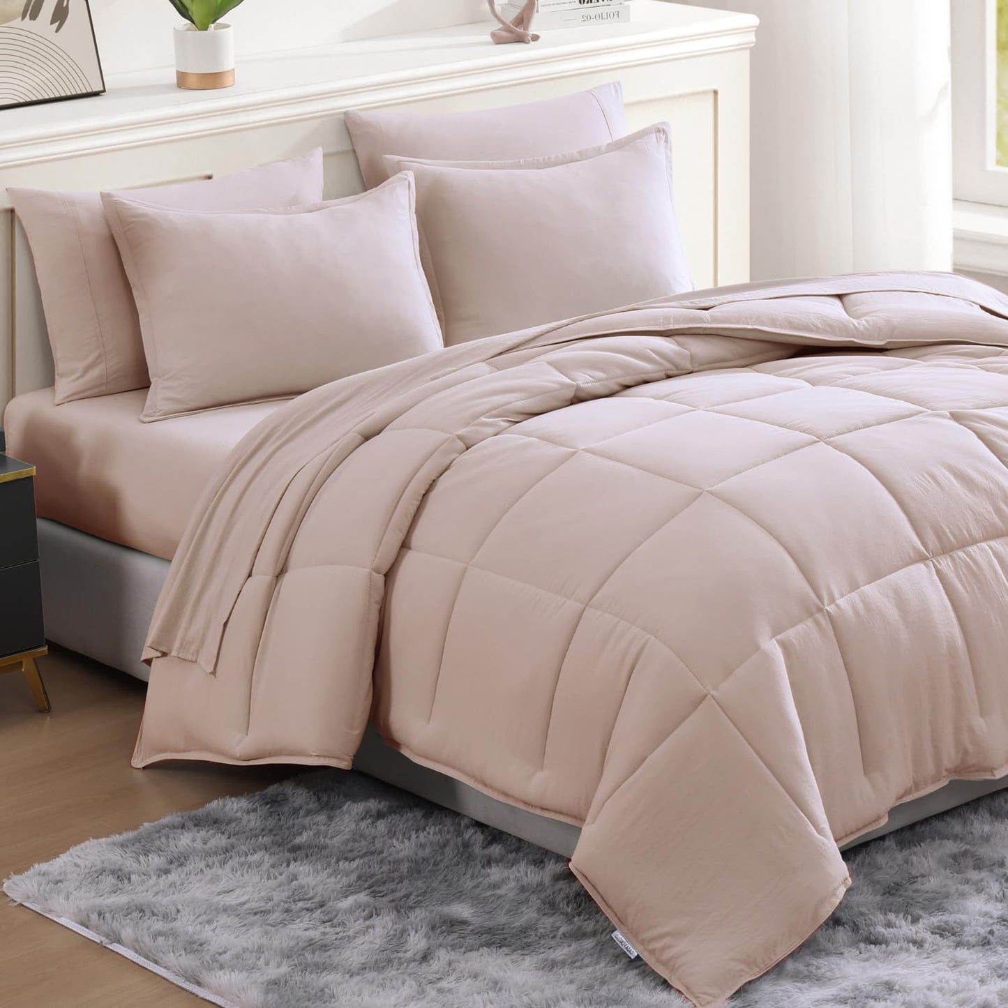 King Size Comforter Set Washed - 7 Pieces King Size Bed in A Bag, Bedding Sets with Comforters, Sheets, Pillowcases & Shams - Mineral