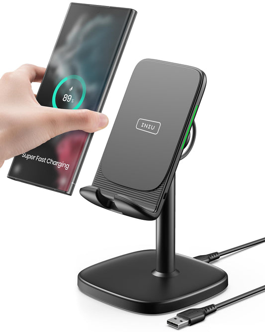 Wireless Charger, INIU 15W Qi Adjustable Fast Wireless Charging Station, Desktop Charging Dock Stand with Sleep-Friendly Adaptive Light for iPhone 15 14 13 12 Pro Samsung Galaxy S22 S21 Note 20 Google