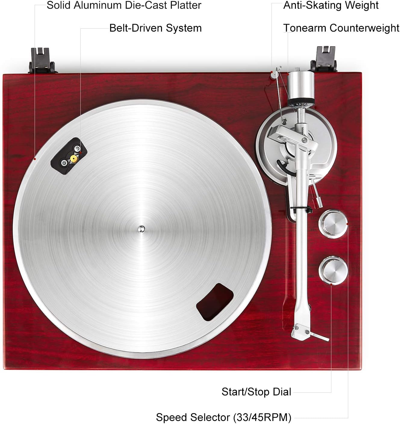 1 BY ONE Belt-Drive Wireless Record Player with Audio-Technica MM Phono Cartridge, Built-in Preamp, Adjustable Counterweight, USB Digital Output (Red)