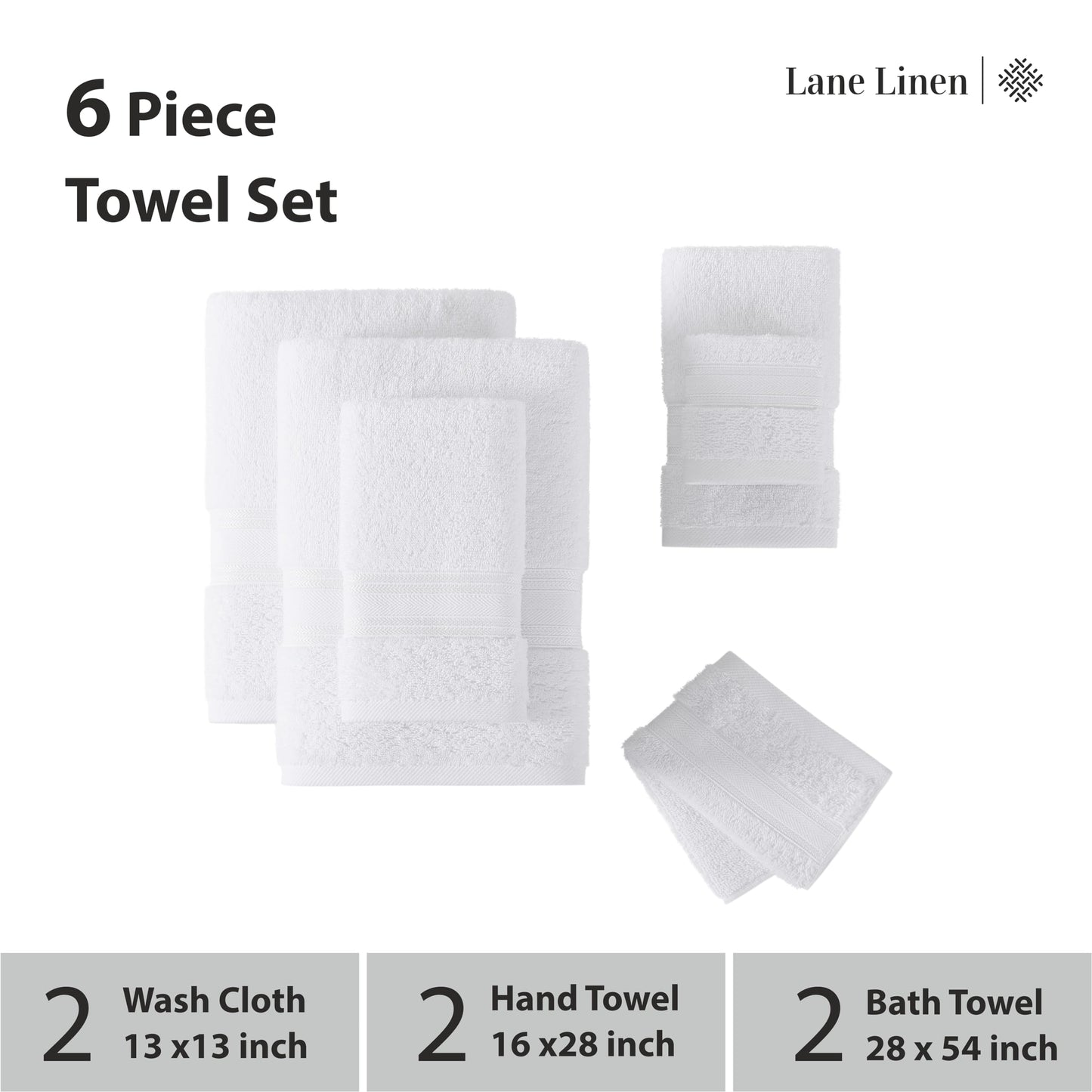 LANE LINEN Luxury Bath Towels Set - 6 Piece 100% CottonBathroom Zero Twist Shower Extra Absorbent Towel Super Soft 2 Hand Wash Cloths White