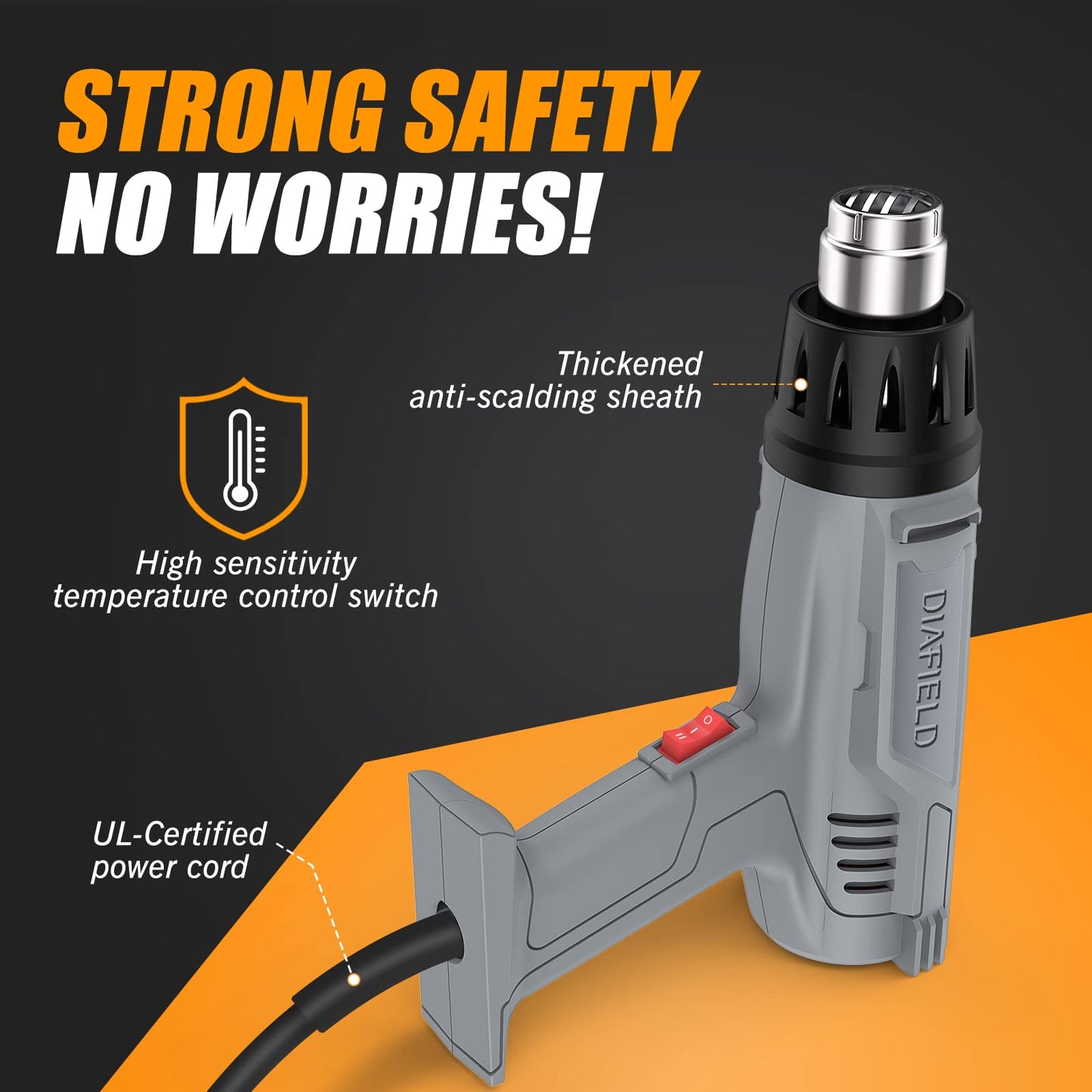 DIAFIELD 1850W Heat Gun 10 Variable Temperature Settings 112℉~1202℉（44℃- 650℃), Fast Heat Hot Air Gun, Durable & Overload Protection, with 4 Nozzels for Shrink Wrap, Vinyl, Crafts, Epoxy Resin(5.9FT)