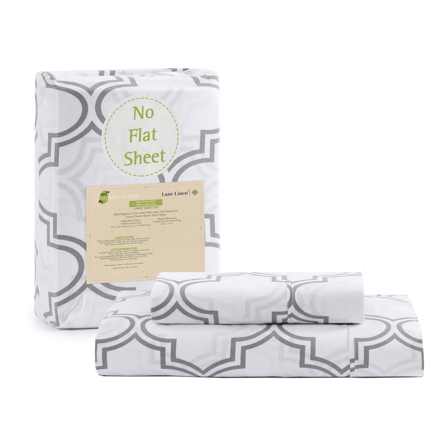 Lane Linen 100% Organic Cotton Fitted Sheet Queen Size only, 3-Piece Set (1 Fitted Sheet, 2 Pillowcases), Percale Weave, Cotton Sheet, Soft, Breathable, Fits Mattress Upto 15' Deep - White