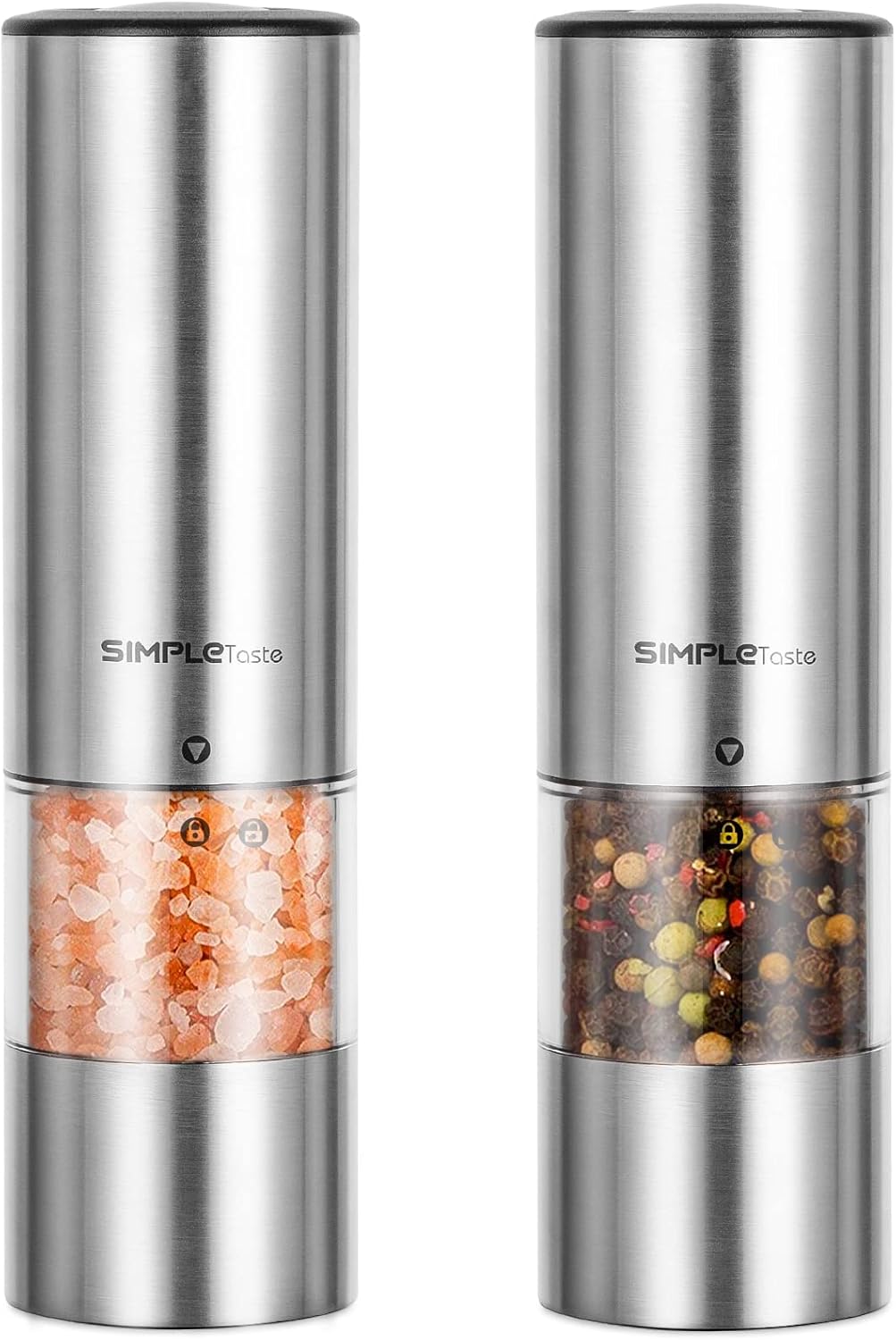 SIMPLETASTE Electric Salt and Pepper Grinder Set, Automatic One Handed,Stainless Grinders with Lights and Adjustable Coarseness,Battery Operated