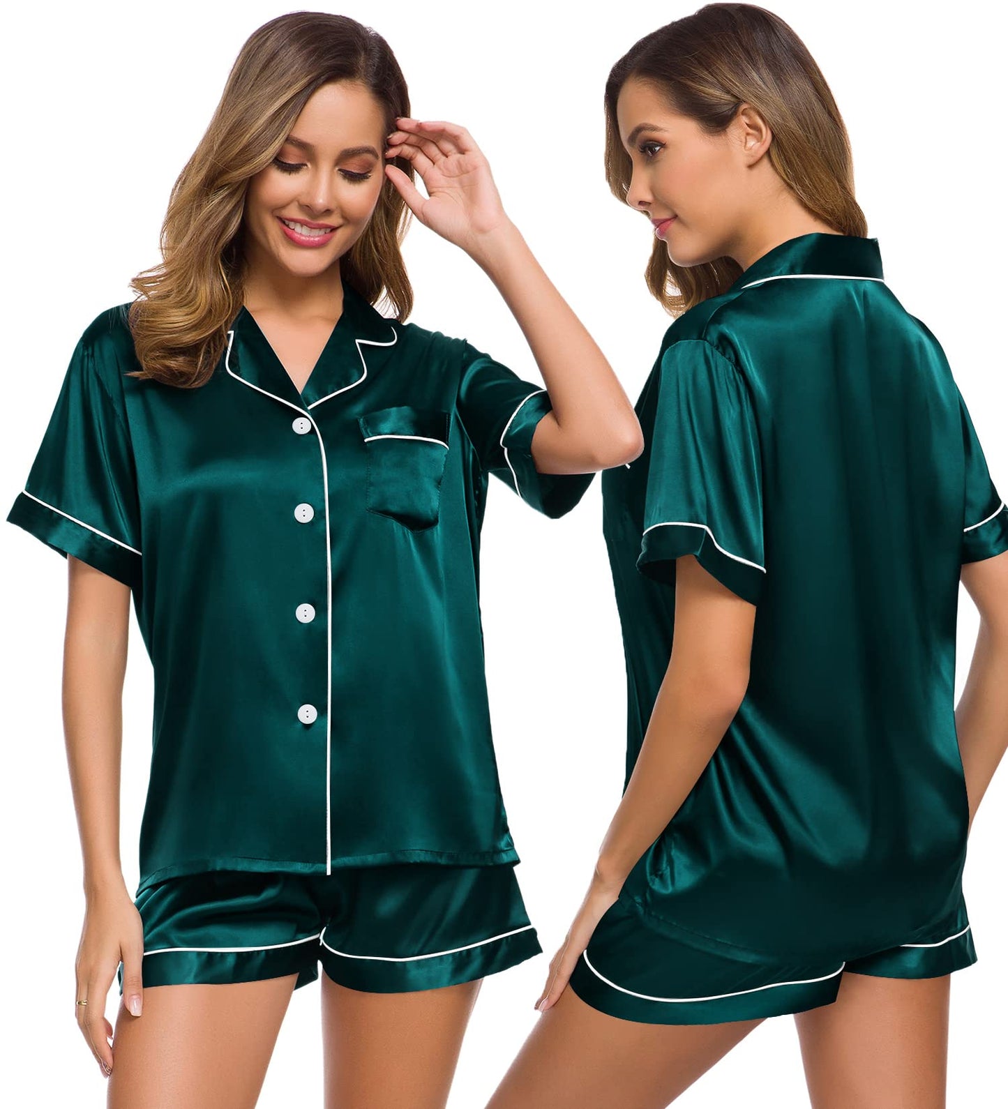 SWOMOG Womens Silk Satin Pajamas Set Short Sleeve Button Down Sleepwear Loungewear 2 Pcs Pj Sets